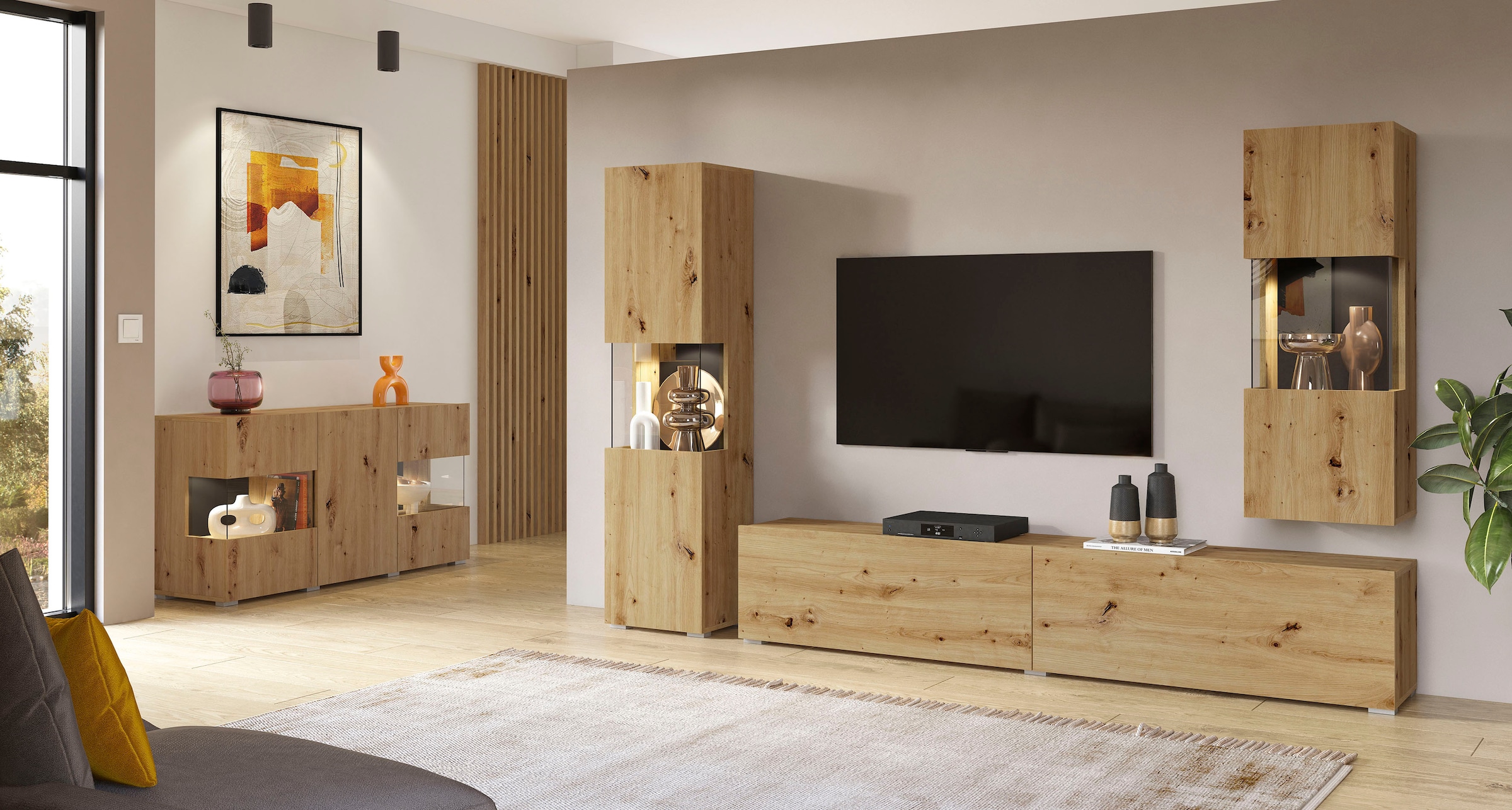 INOSIGN Wohnwand »Ava, Wohnzimmer-Set hängend/stehend montierbar, Vitrine, Lowboard«, 3-tlg.