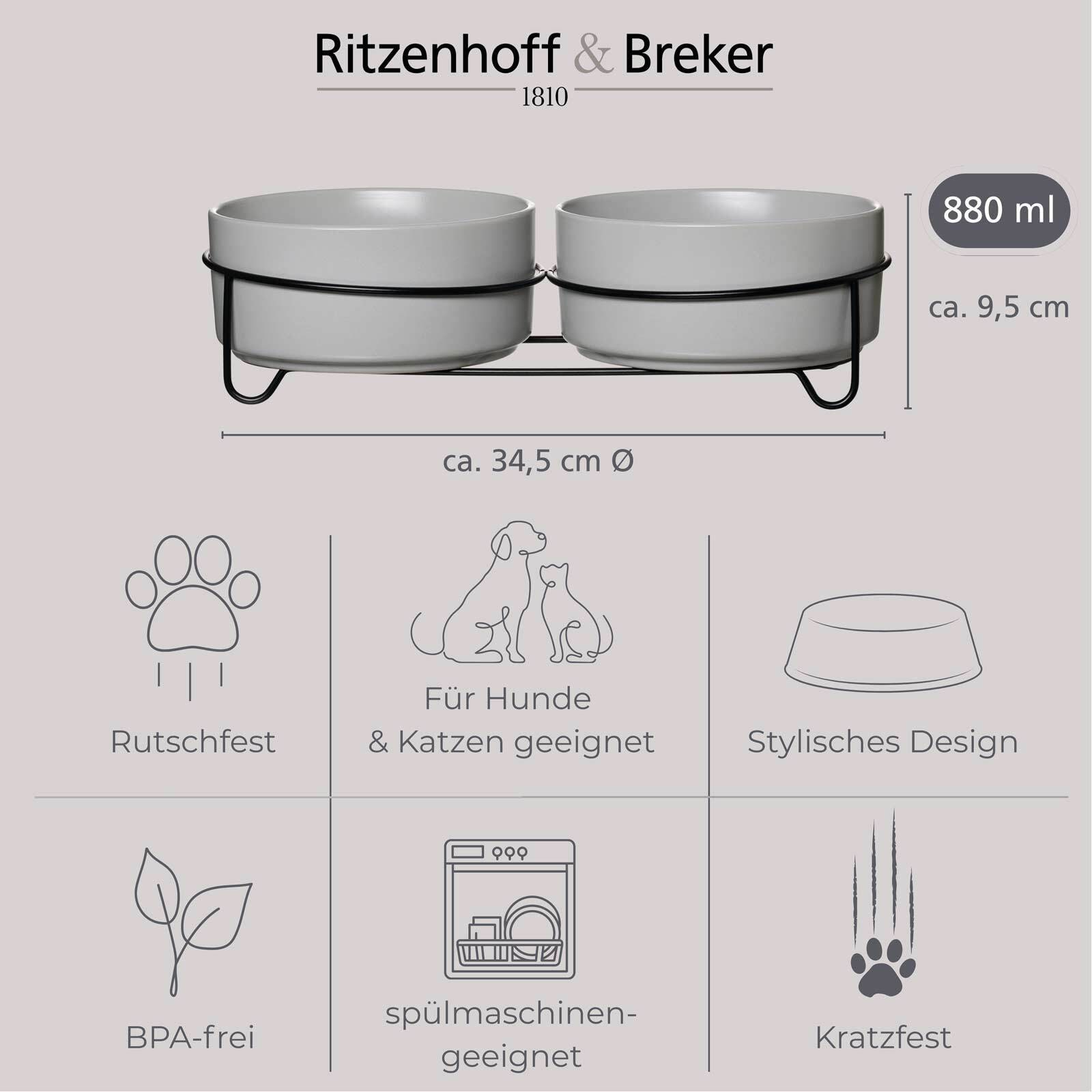 Ritzenhoff & Breker Futternapf »Hunde-Napfset mit Unterlage Taro ø 17 cm 2er Set grau« Spülmaschinengeeignet