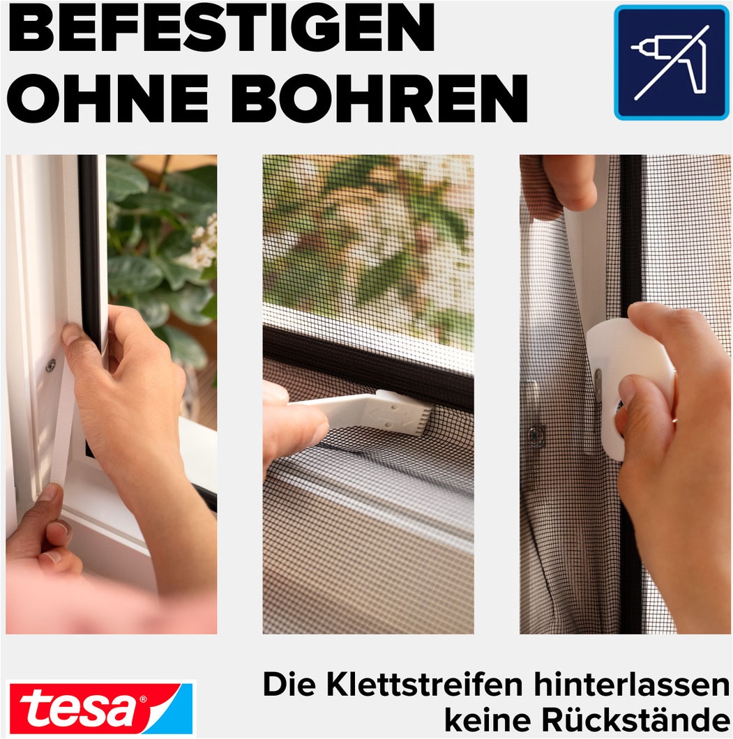 tesa Fliegengitter-Gewebe »Klett Fliegengitter Premium für Fenster, Insektenschutz mit Klettband« Packung, Fliegennetz, Klettband, Andrück und Schneidehilfe, 1 Stk. tlg. selbstklebende Insektenschutz - 100 cm x 100 cm