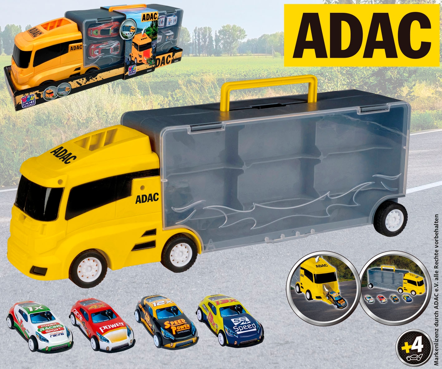Happy People Spielzeug-LKW »ADAC Autotransporter Koffer«, inklusive 4 Autos