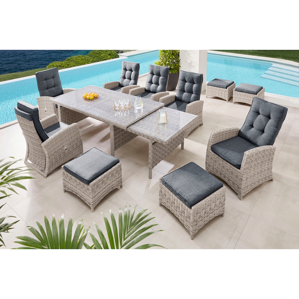 KONIFERA Garten-Essgruppe »Monaco«, (Set, 27 tlg., 6x Sessel, 4x Hocker, 1x AZ-Tisch 200-366x100x75,5 cm, inkl. Auflagen)