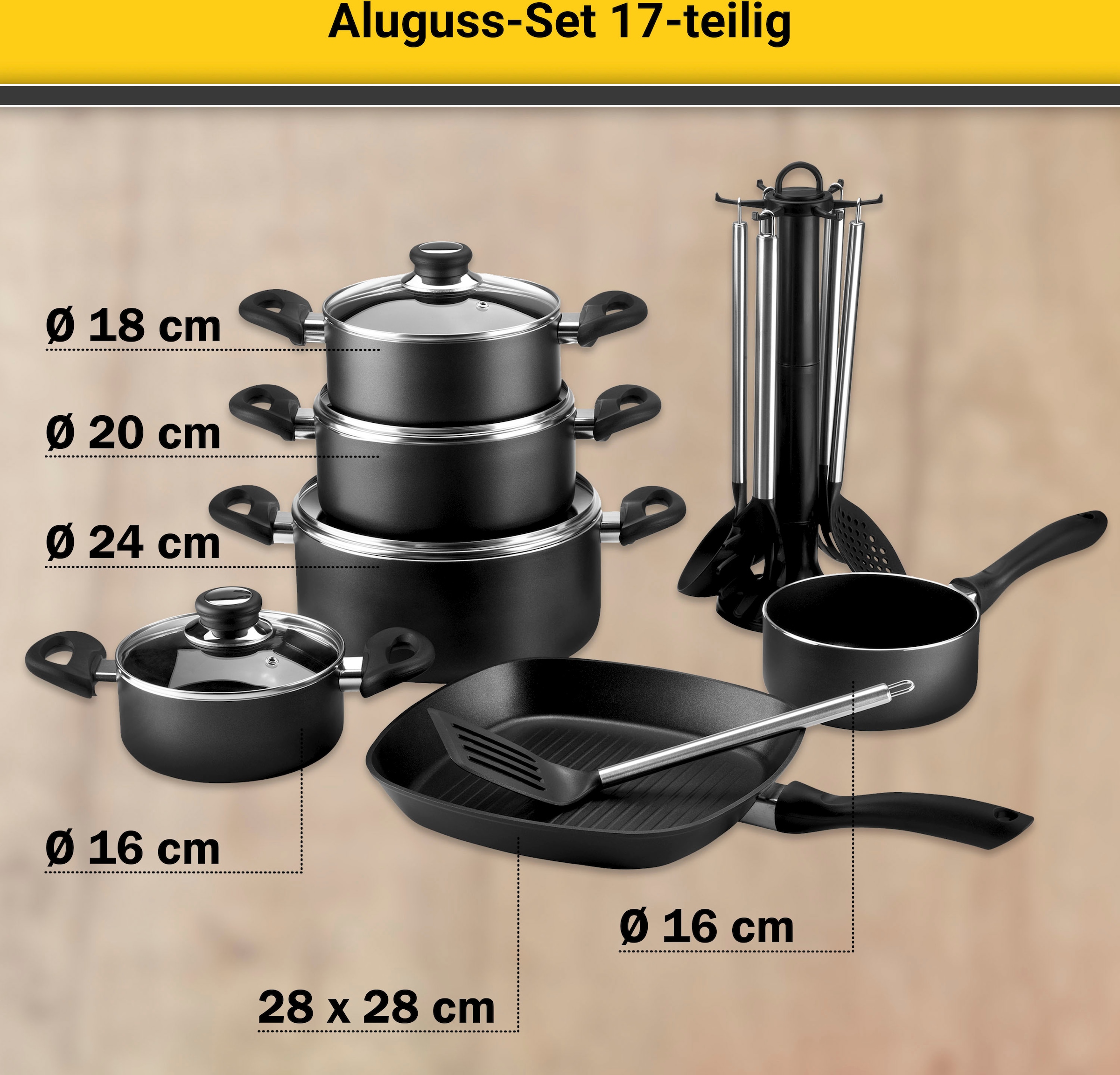 Krüger Topf-Set »Aluguss Topf- und Pfannenset inkl. praktischen Küchenhelfern, 17 tlg.«, Aluminiumguss, (Set, 17 tlg., Fleischtopf 16/18/20/24cm, Stieltopf 16cm Steakpfanne 7 T.Küchenhelfer), inkl. 7-tlg. Küchenhelfer-Set