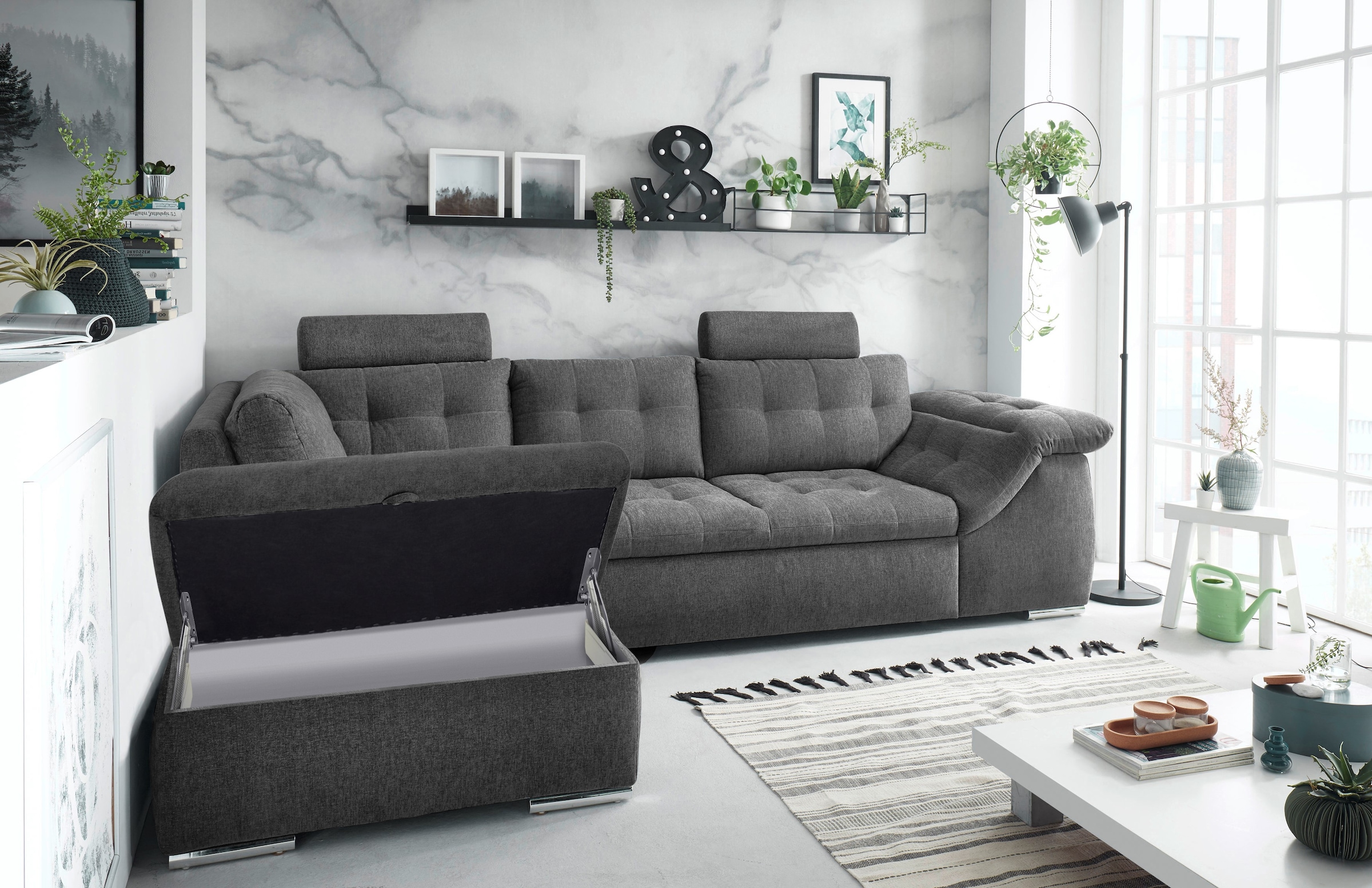 ED EXCITING DESIGN Ecksofa Oman, mit Bettfunktion, Bettkasten, Armteilverstellung und  Kopfstützen