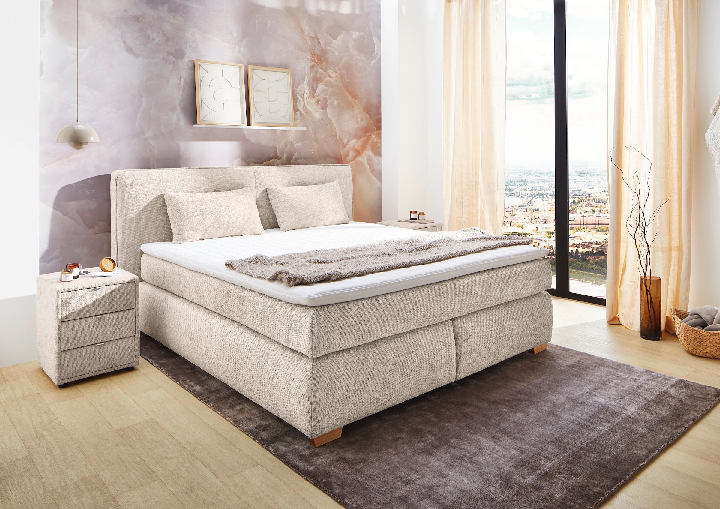 Jockenhöfer Gruppe Boxspringbett »Valentina in der Breite 180cm, beige, extra dickes Kopfteil mit Keder« 7-Zonen-TTFK-Matratzen, Visco-Topper, verschiedene Härtegrade wählbar