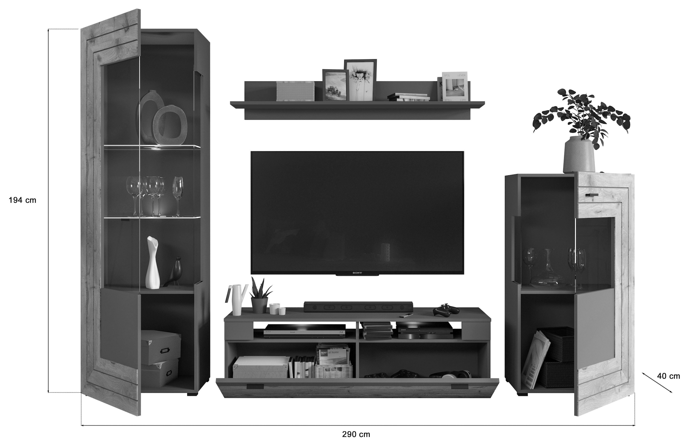 INOSIGN Wohnwand »Aalborg, Breite 290cm, 2-farbig,Metallgriffe, 4-teilig, bestehend aus:«, (4 St.), 1x Vitrine, 1x Lowboard, 1x Wandboard und 1x Stauraumschrank