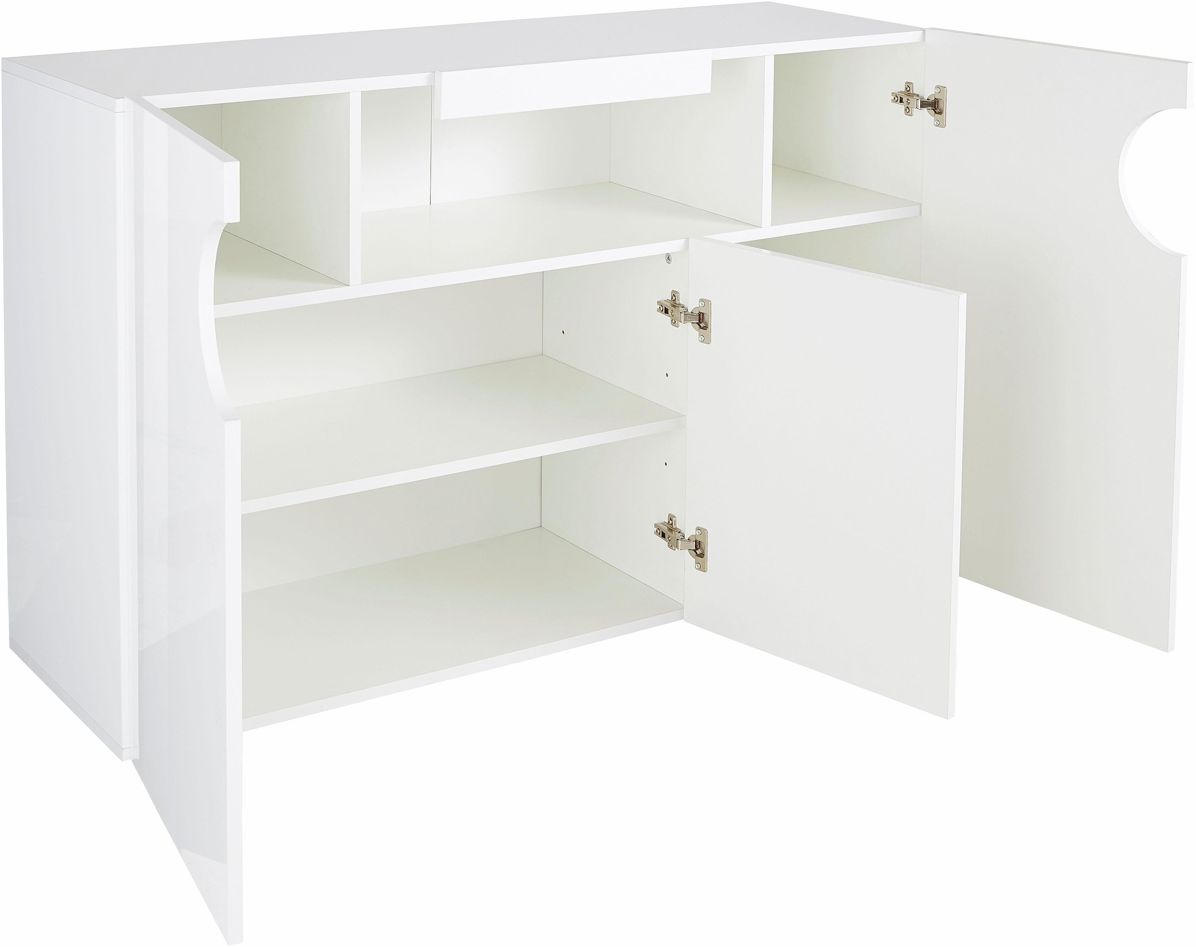 INOSIGN Sideboard »Real,Vitrine,Kommode,Schrank,Breite 130 cm komplett hochglanz lackiert«, mit 3Türen davon 2 abgerundet, die ein ovales offenes Fach bilden