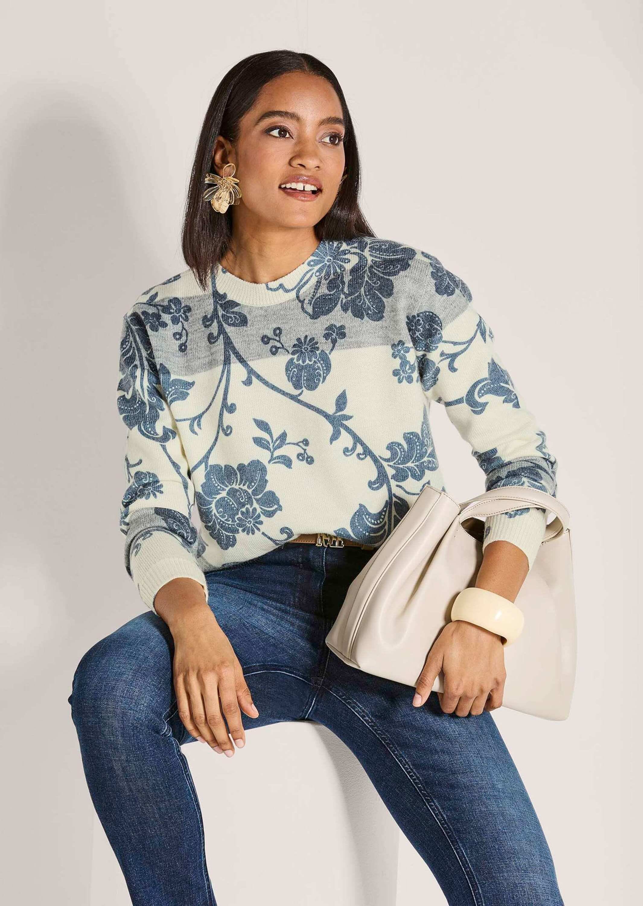 MADELEINE Longpullover »Strickpullover Rundhals-Pullover im Muster-Mix« Muster-Mix, gestreift und floral bedruckt
