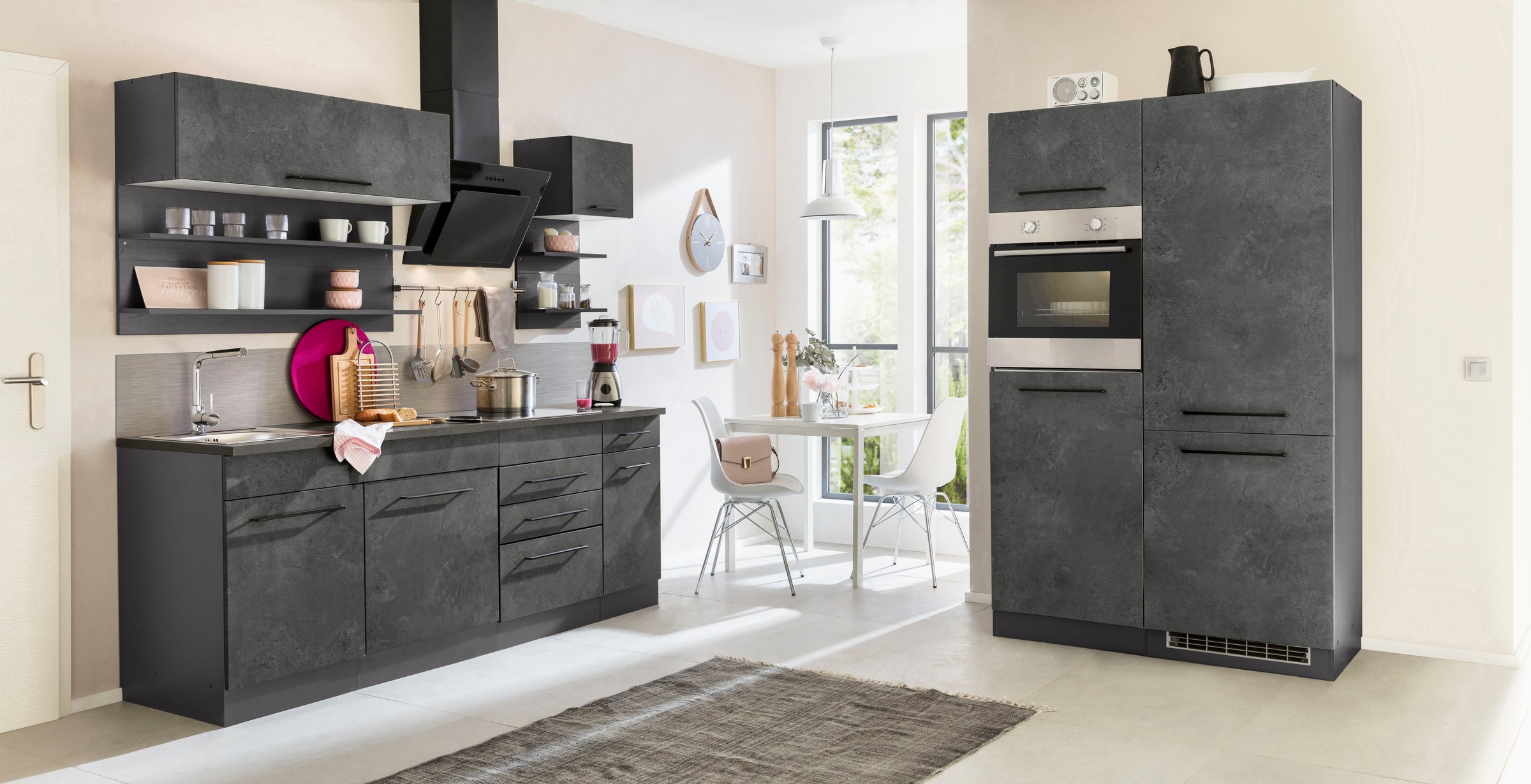 KOCHSTATION Küchenzeile »KS-Tulsa« mit E-Geräten, Breite 330 cm, schwarze Metallgriffe, MDF Fronten