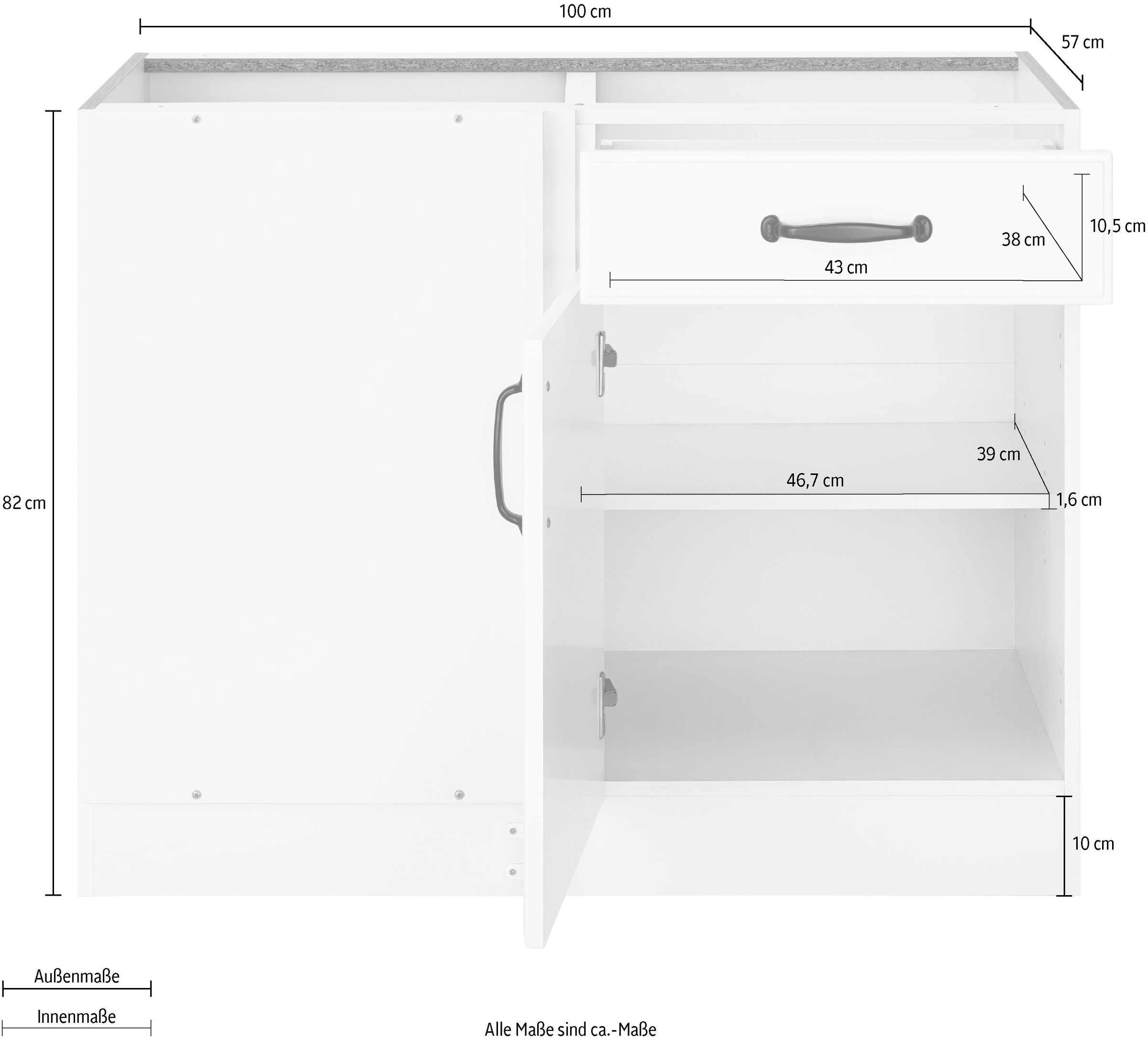 wiho Küchen Eckunterschrank »Erla«, 100 cm breit, Kassettenfront, Planungsmaß 110 cm, ohne Arbeitsplatte