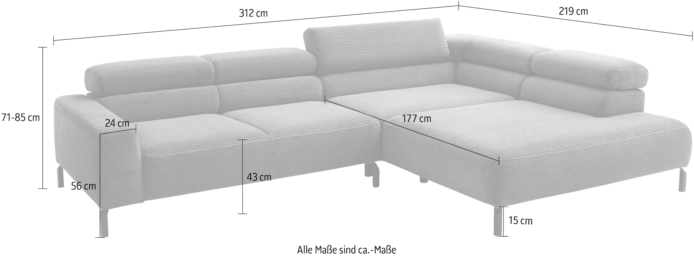 Places of Style Ecksofa »Antonelli, L-Form, inkl. Kopfteilverstellung, Breite 312 cm«, mit elektrischer Sitztiefenverstellung, in Cord, hellgrau