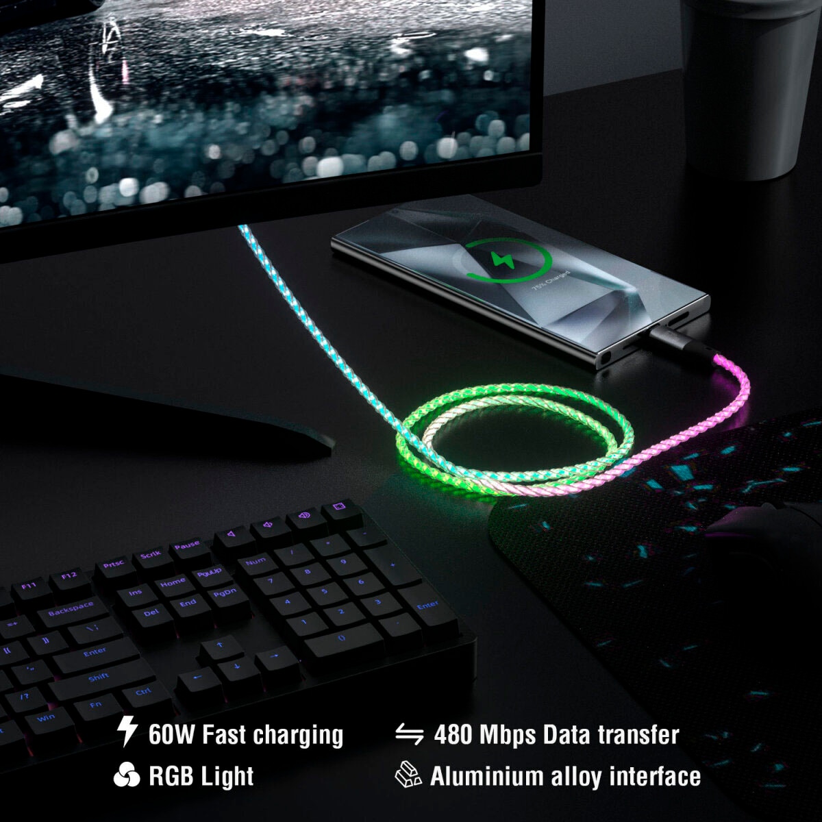 4smarts USB-Kabel »RGBCord USB-C 60W«, USB Typ C-USB Typ C, 150,00 cm