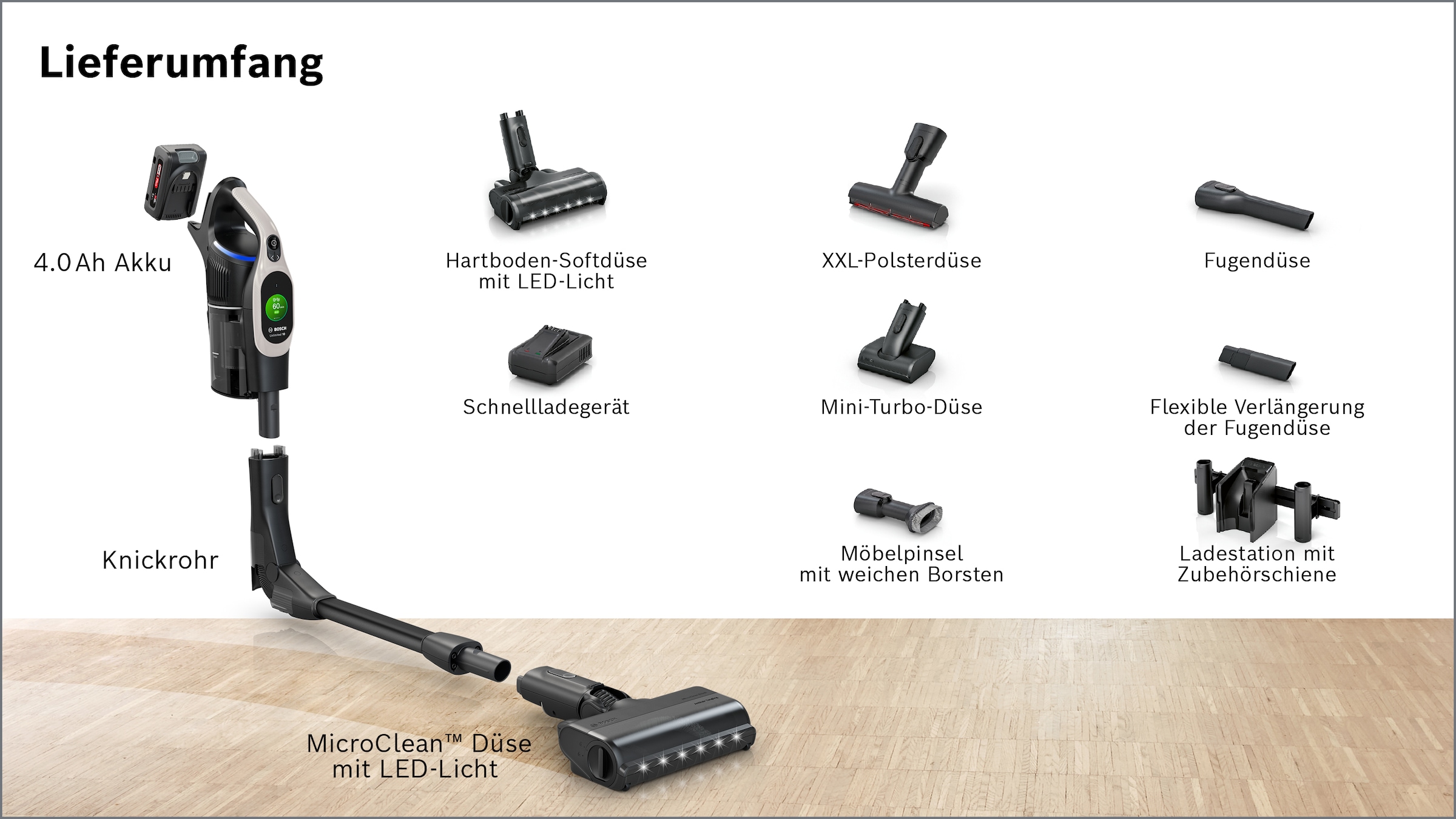 BOSCH Akku-Stielstaubsauger »Unlimited 10 BKS1051GQC, MicroClean™ Technology, Display, Knickrohr« HEPA-Filtersystem, 10 Jahre Motorgarantie, Schnellladegerät, grau