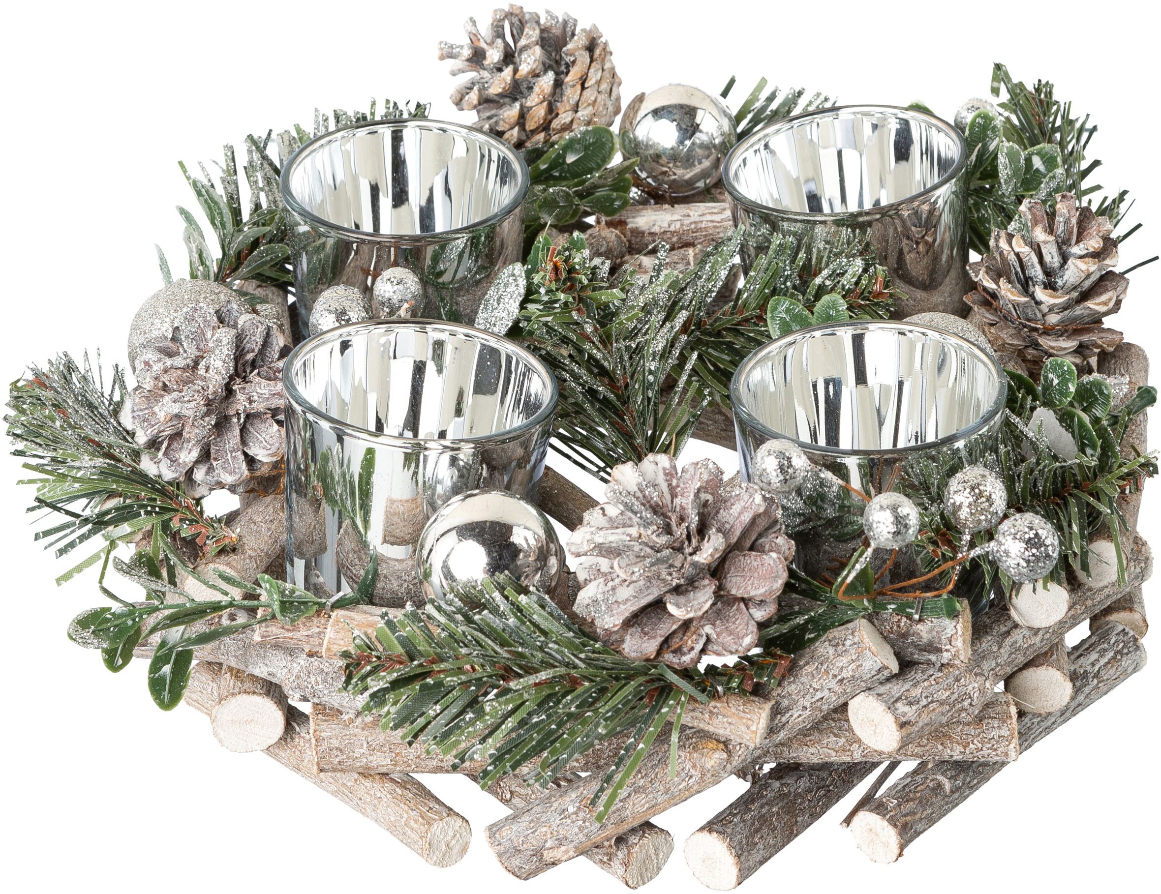 Creativ deco Adventskranz »Weihnachtsdeko«, mit Teelichter, online Beeren, kaufen Ø für 23 Zapfen bequem und Kugeln, cm