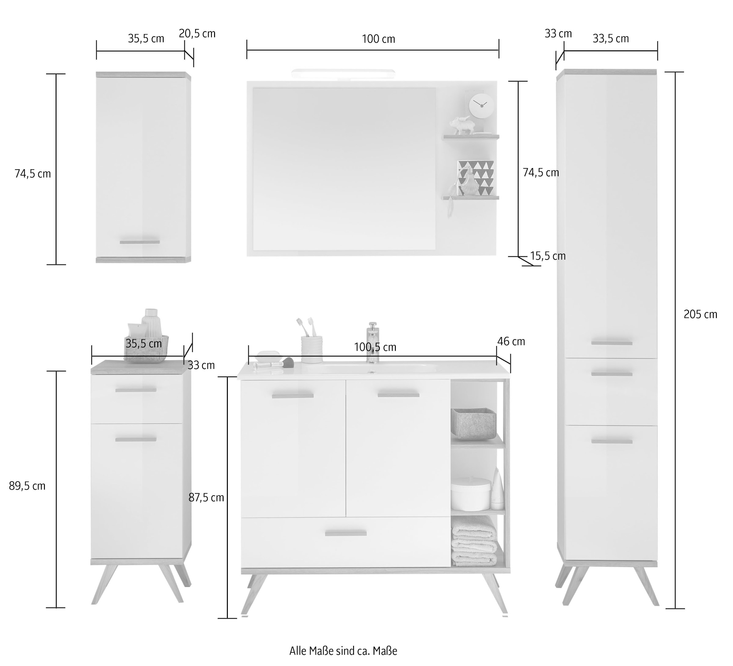 Saphir Badmöbel-Set »Quickset Mineralmarmor-Waschtisch mit LED-Spiegel, Unterschrank« 7 Stk. tlg.