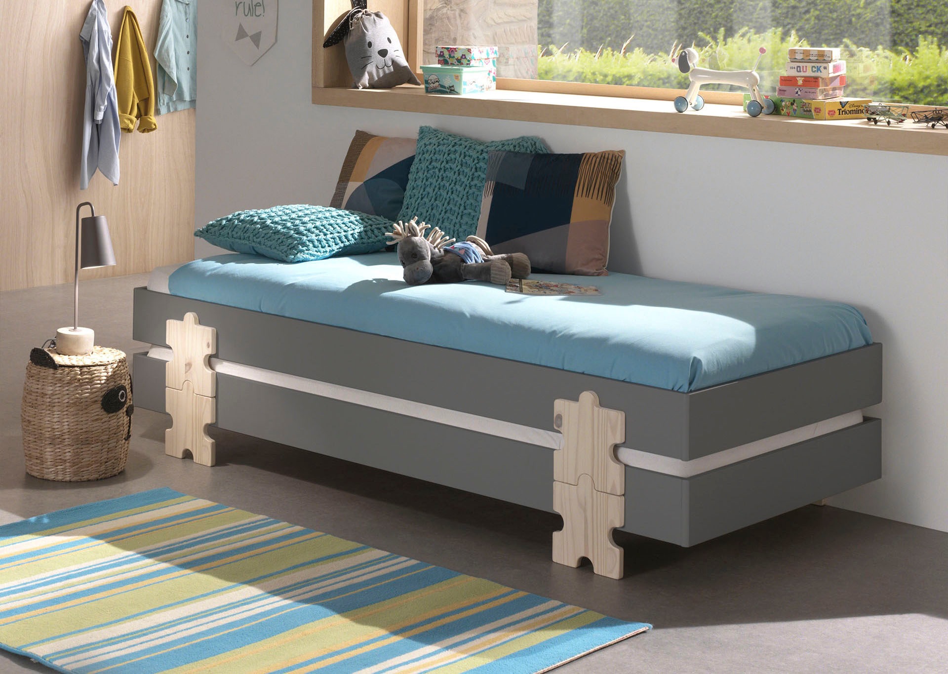 Vipack Kinderbett »Modulo, stapelbares Einzelbett, inkl. Rolllattenrost, 2 Farben«, (B/H/T ca. 203,6x93,8x48cm, Fuß Puzzle massiv, Bettseiten MDF lackiert), Liegefläche 90/200 cm, einzeln oder als 2-er Set erhältlich