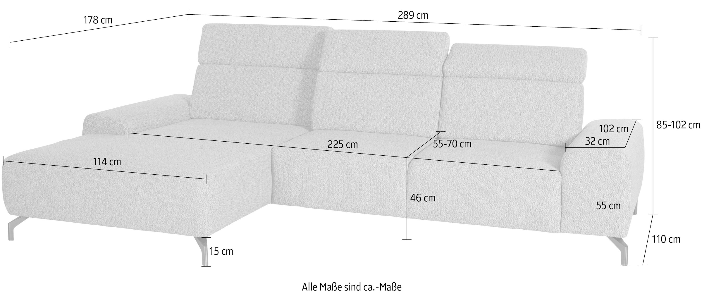 sit&more Ecksofa »Gizeh L-Form«, Fußhöhe 15 cm, inklusive Sitztiefenverstellung und Kopfteilverstellung