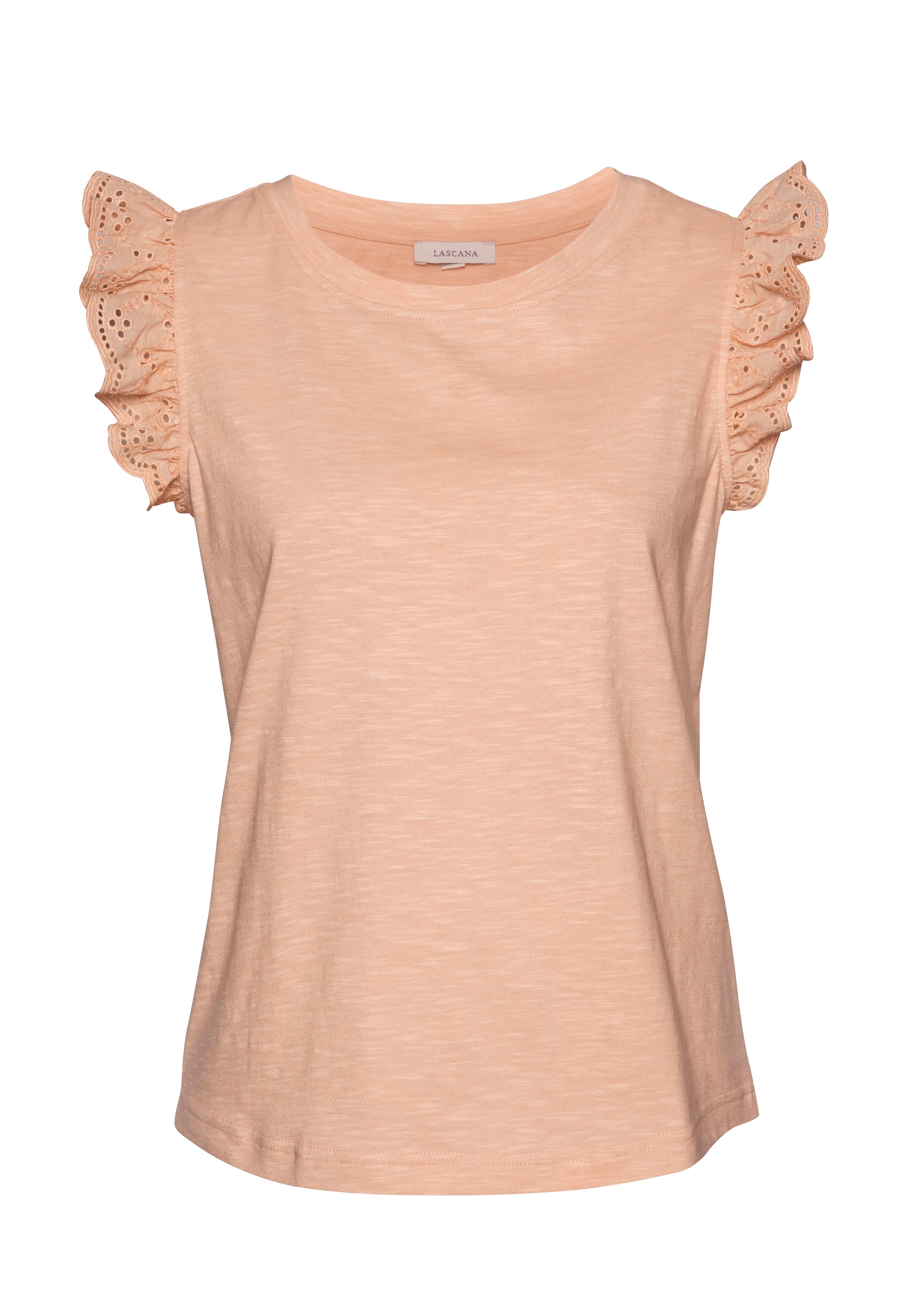 LASCANA Shirttop mit Rüschenärmeln aus Spitze, Damentop aus Baumwolle