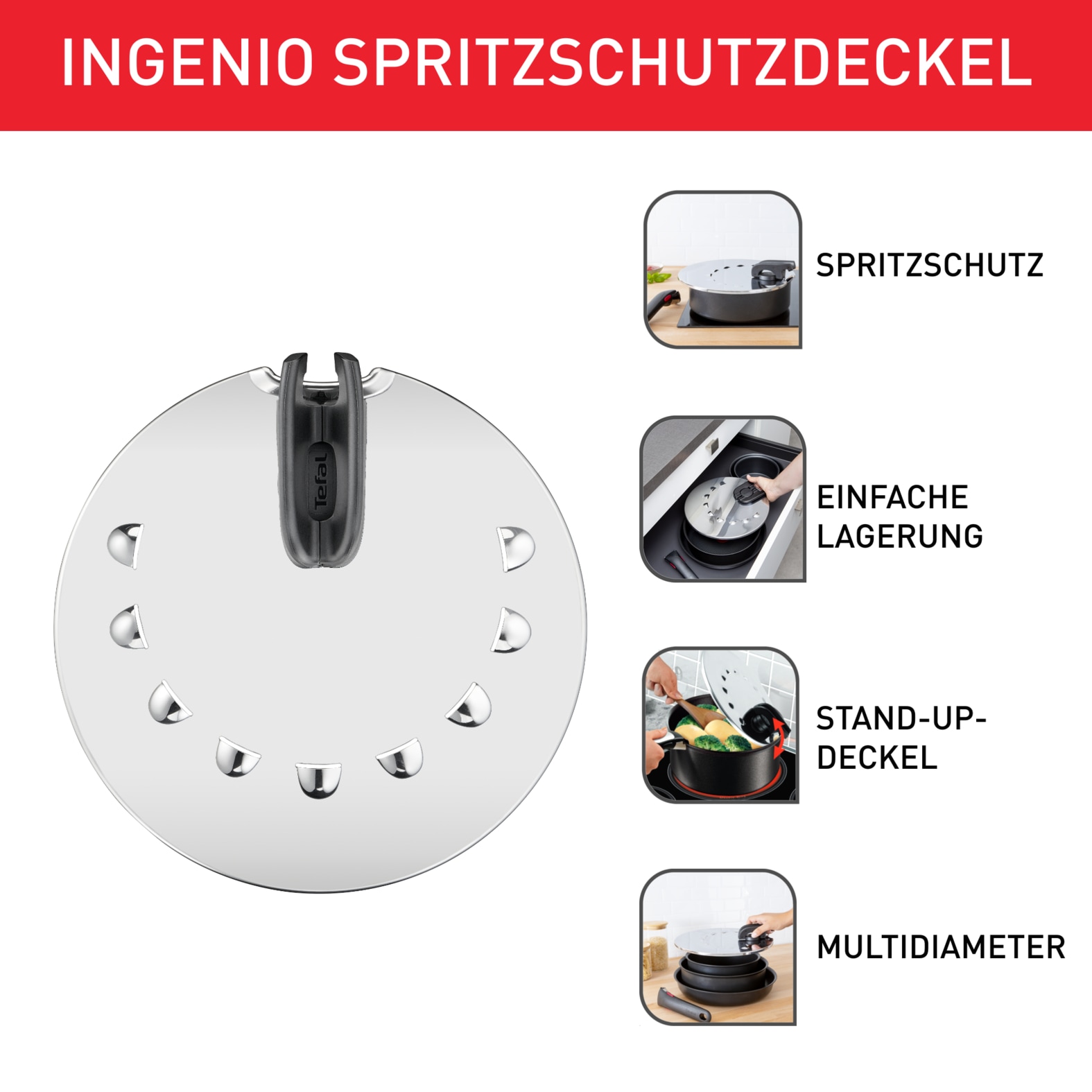 Tefal Universaldeckel »Ingenio, Spritzschutzdeckel mit Multi-Durchmesser für 20-28 cm« mit Ingenio Töpfen/Pfannen kompatibel, spülmaschinengeeignet, L98298