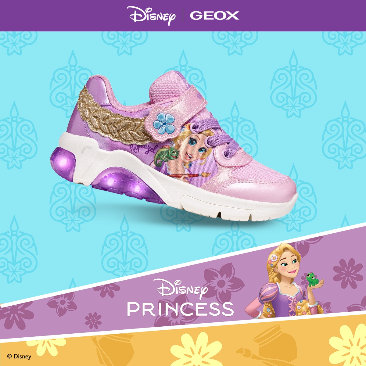 Geox Sneaker »J FADINLIGHT GIRL DISNEY PRINCESS RAPUNZEL«  Halbschuh mit Blinkfunktion, Größenschablone zum Download