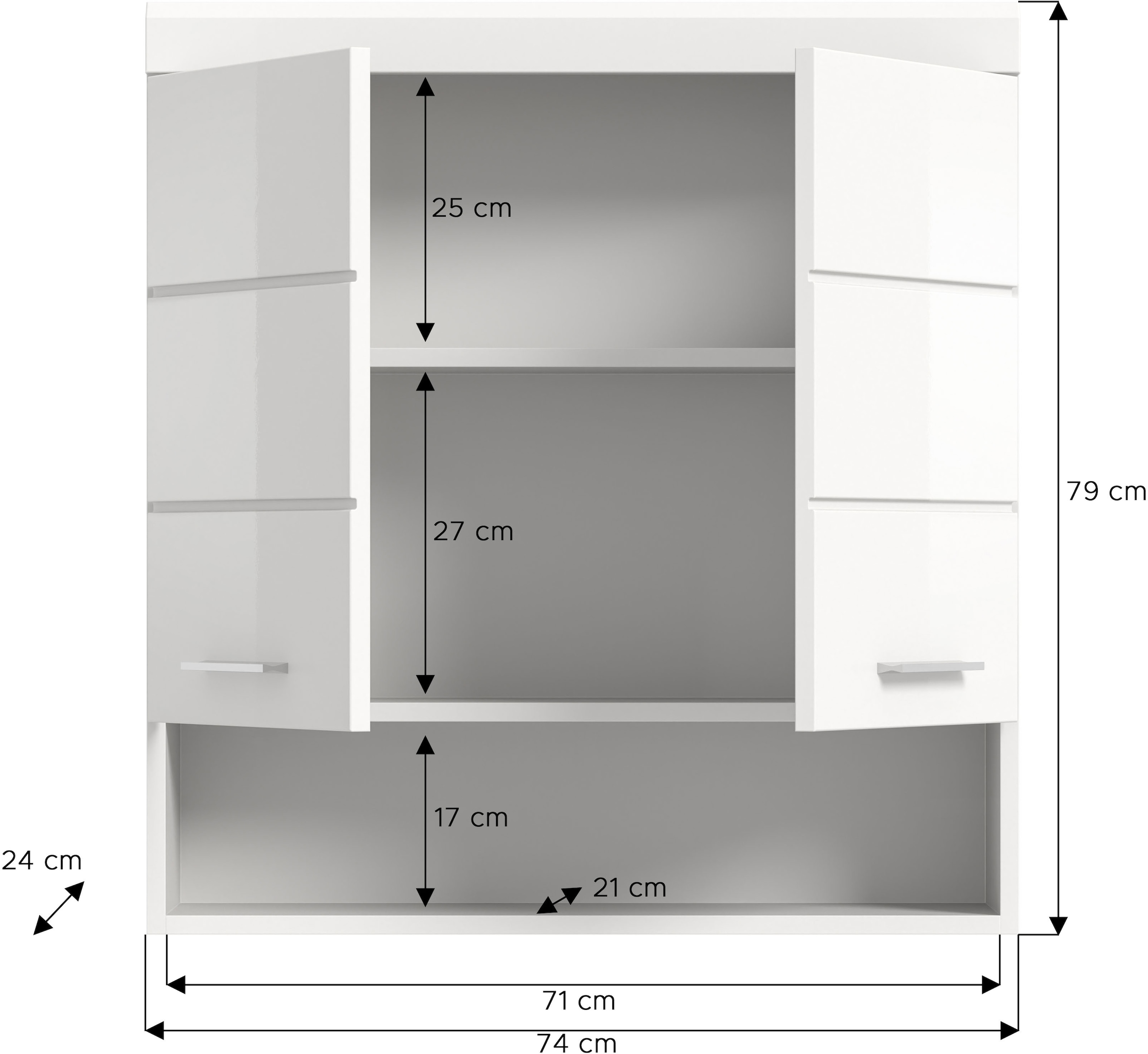 INOSIGN Hängeschrank »SIENA, Breite 74cm, 2 Türen, 1 offenes Fächer, MDF-Front«, (TOPSELLER!), in verschiedenen Farben erhältlich, Badmöbel, Badschrank, Schrank, Bad