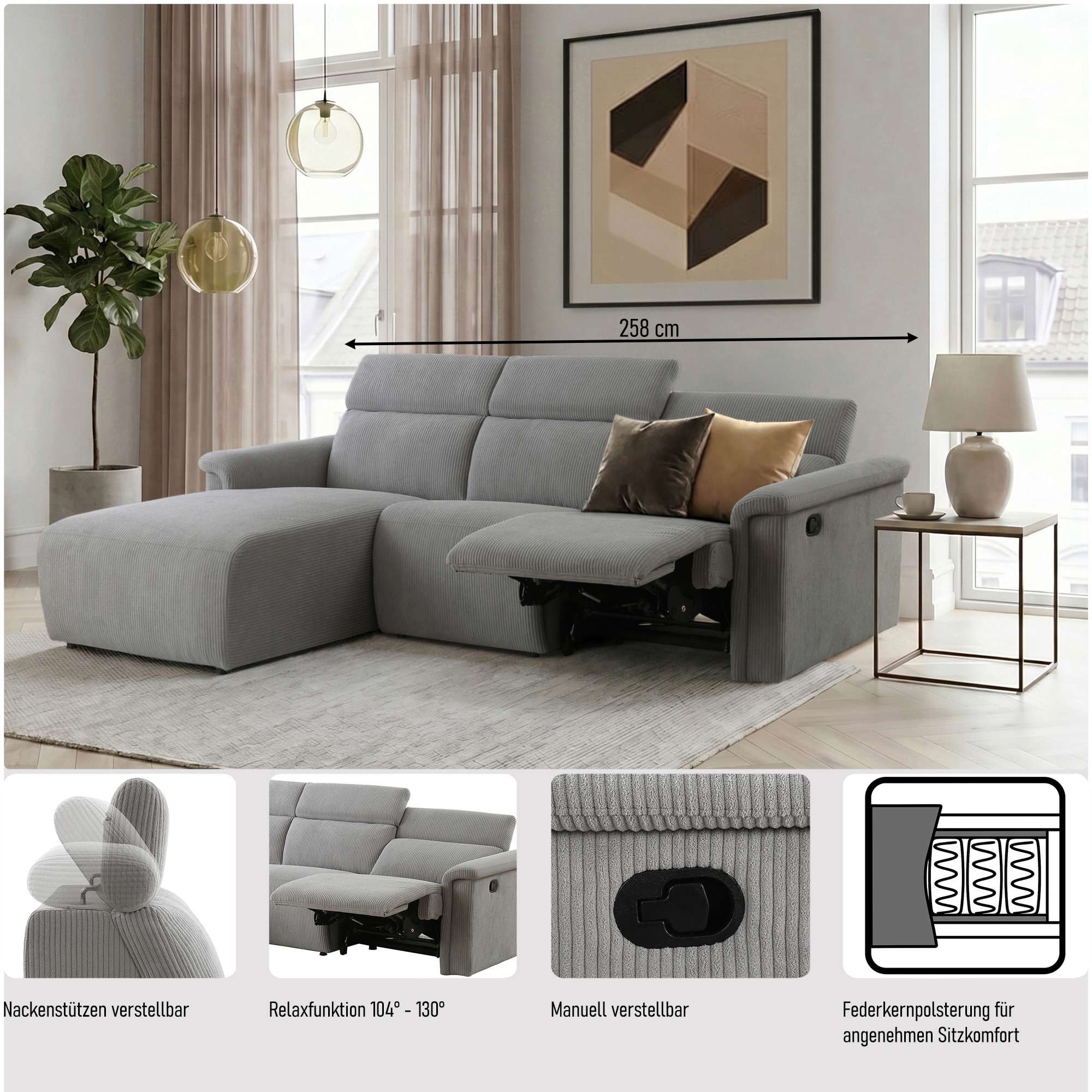 OTTO home Ecksofa »LUND Cord, L-Form, 258cm, man. o. elektr. Relaxfunktion (mit USB-A/C)« USB-A/C bei elektrischer Variante und Kopfteilverstellung