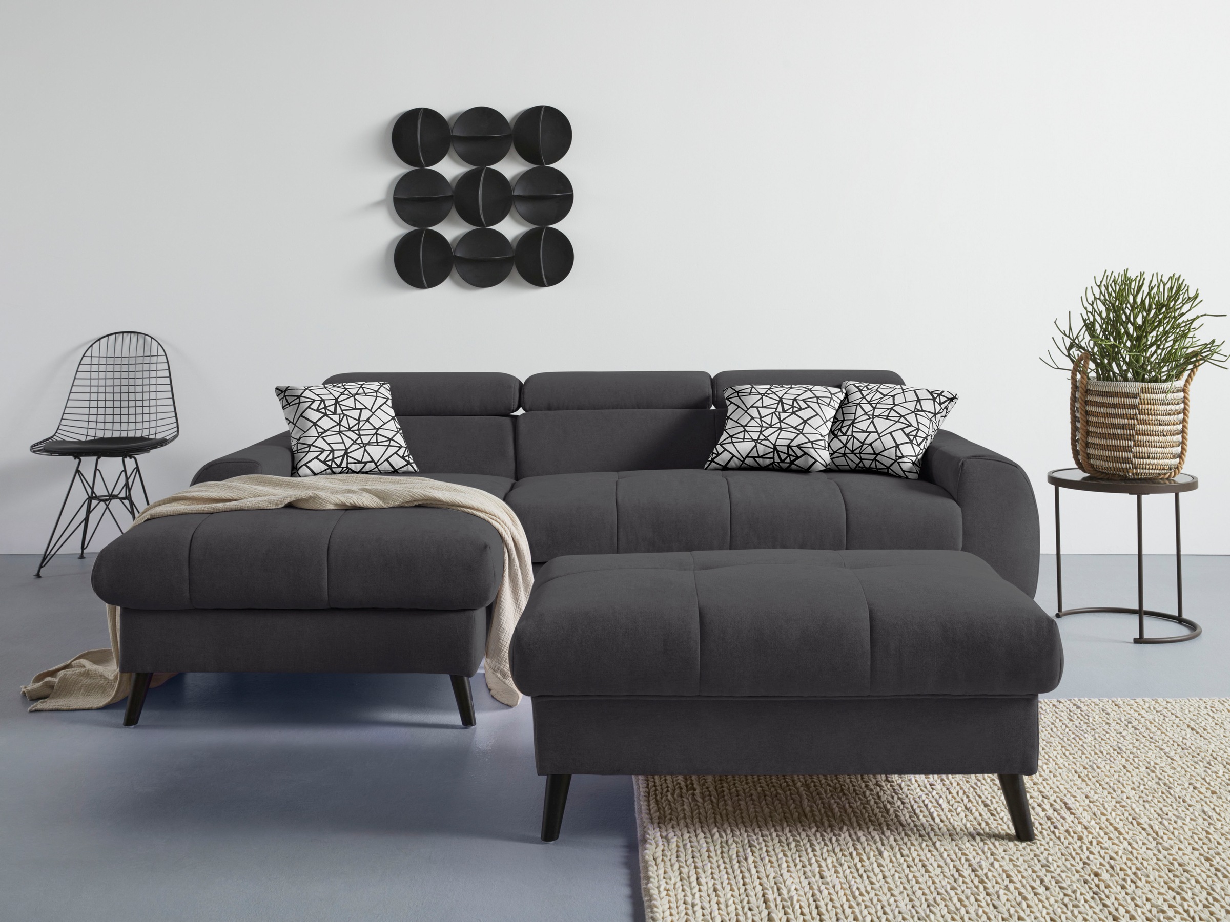 COTTA Ecksofa »Mia L-Form mit 3 Zierkissen«, wahlweise mit Bettfunktion, Bettkasten, Beleuchtung & Wireless-Charger