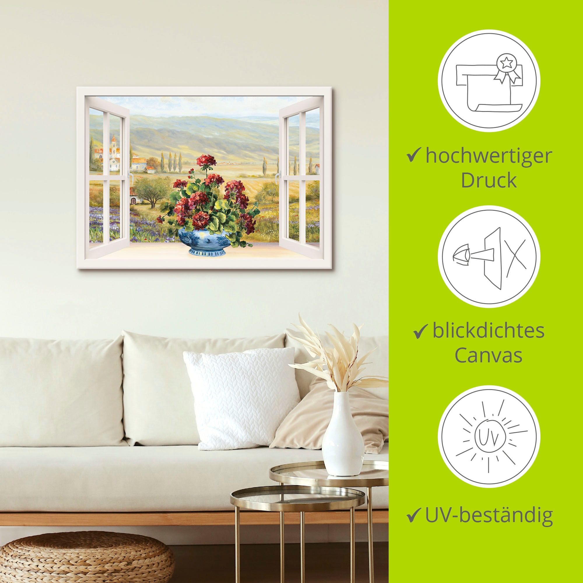 Artland Leinwandbild »Blumenbouquet am weißen Fenster« Fensterblick 1 Stk. tlg. auf Holzrahmen gespannt