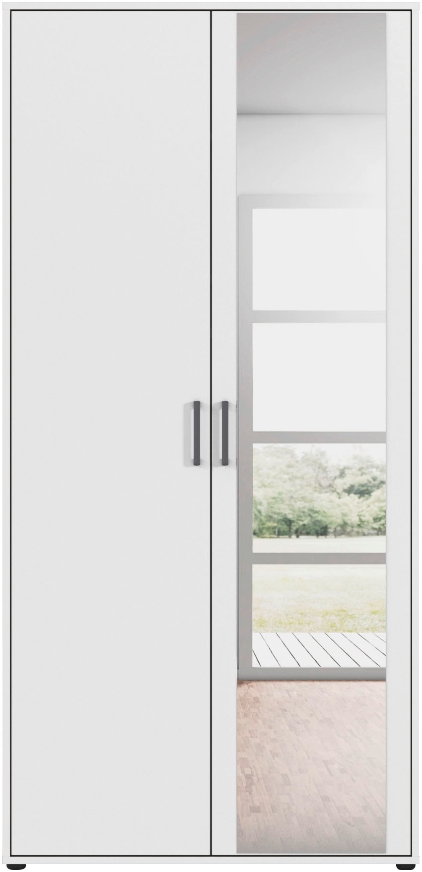 rauch Drehtürenschrank »Kleiderschrank Schrank Garderobe Wäscheschrank VOYAGER« in 3 verschiedenen Ausstattungen BASIC/CLASSIC/PREMIUM,  mit modernen Griffen in Graumetallic und Spiegel