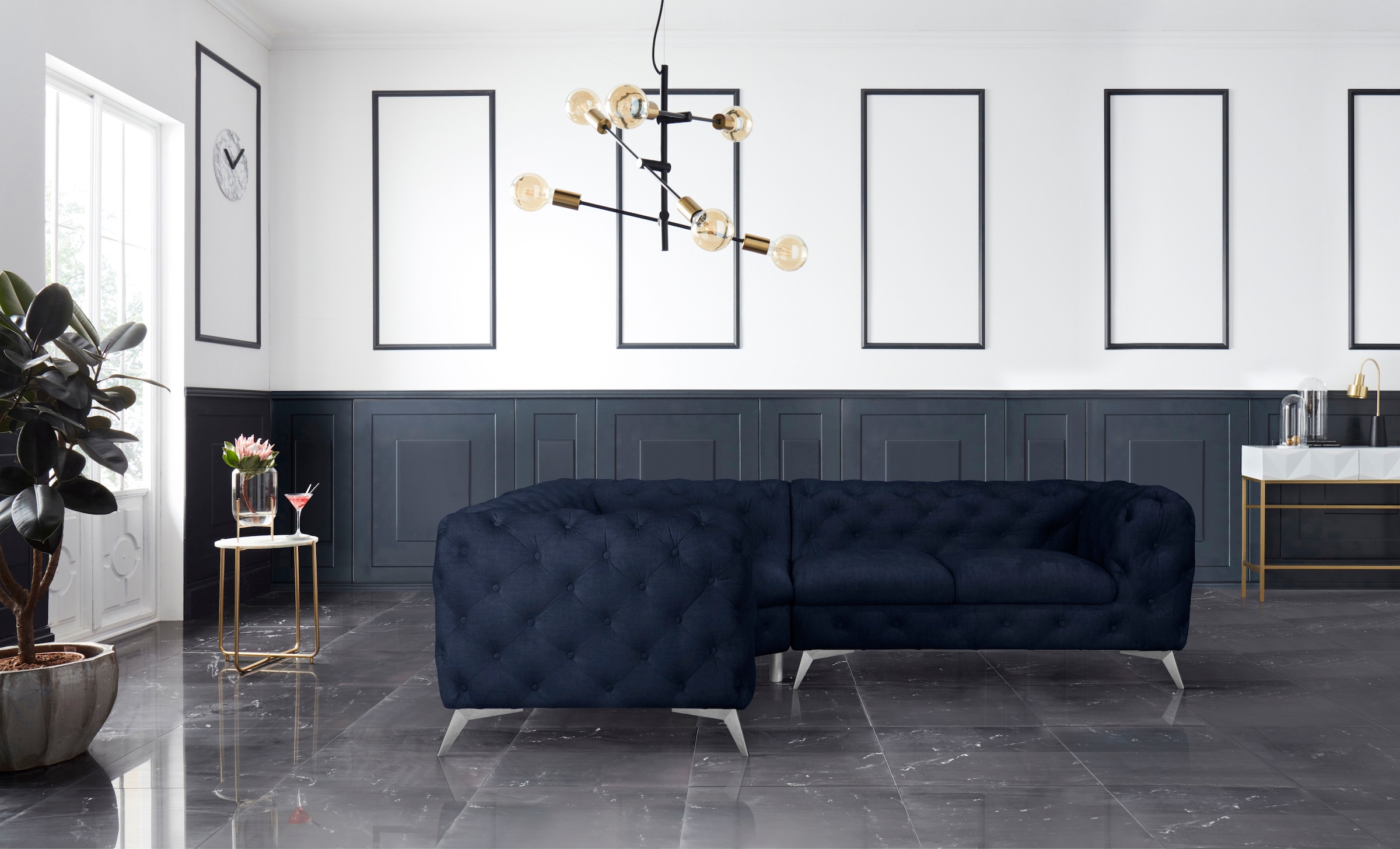 Home affaire Chesterfield-Sofa »Ecksofa GLYNIS L-Form mit Wellenunterfederung, Maße B/T/H 264/204/75cm« aufwändige Knopfheftung, moderne Chesterfield Optik, Fußfarbe wählbar