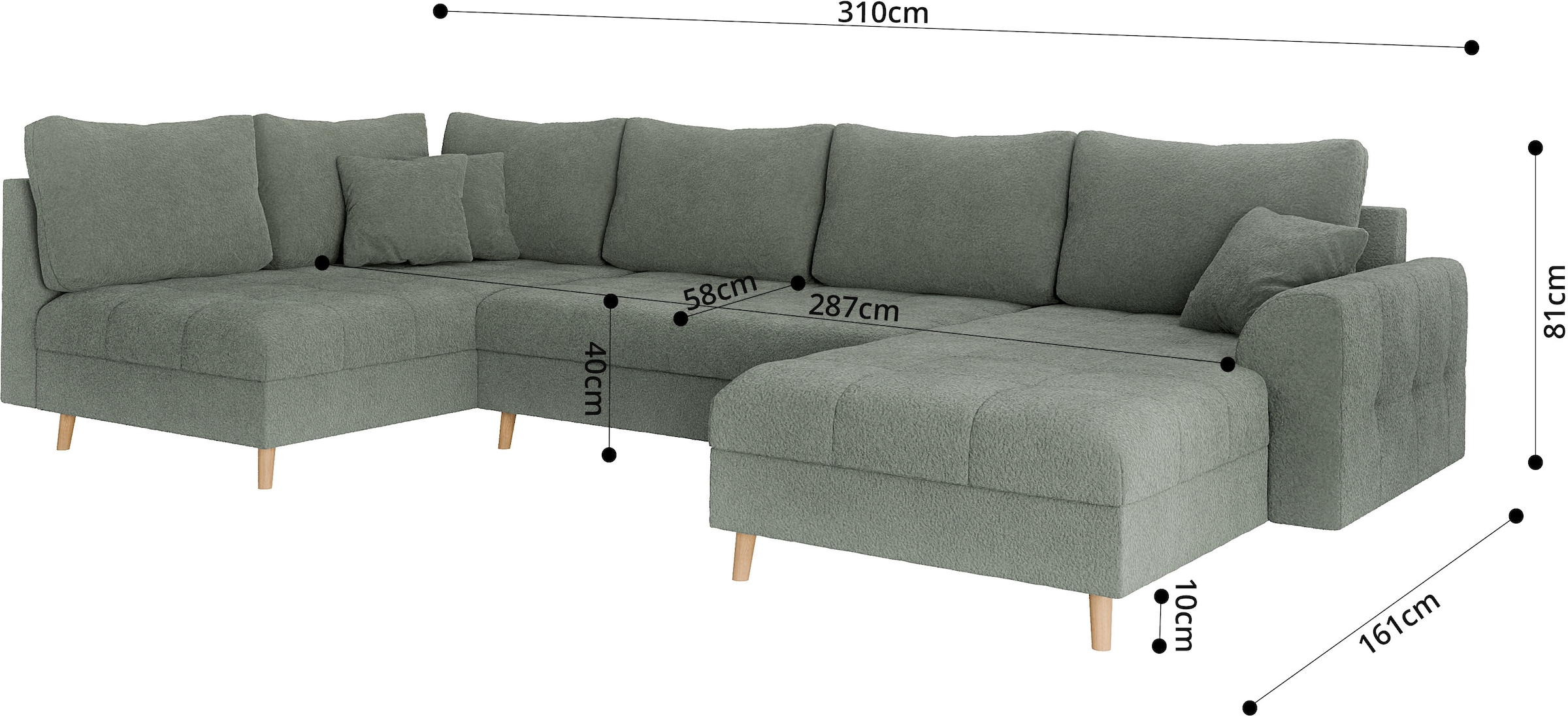Home affaire Wohnlandschaft »CHARRE U-Form mit Ottomane, Maße B/T/H: 310/161/81 cm«, feine Steppung, lose Rücken- und Zierkissen, auch in Cord und Bouclé