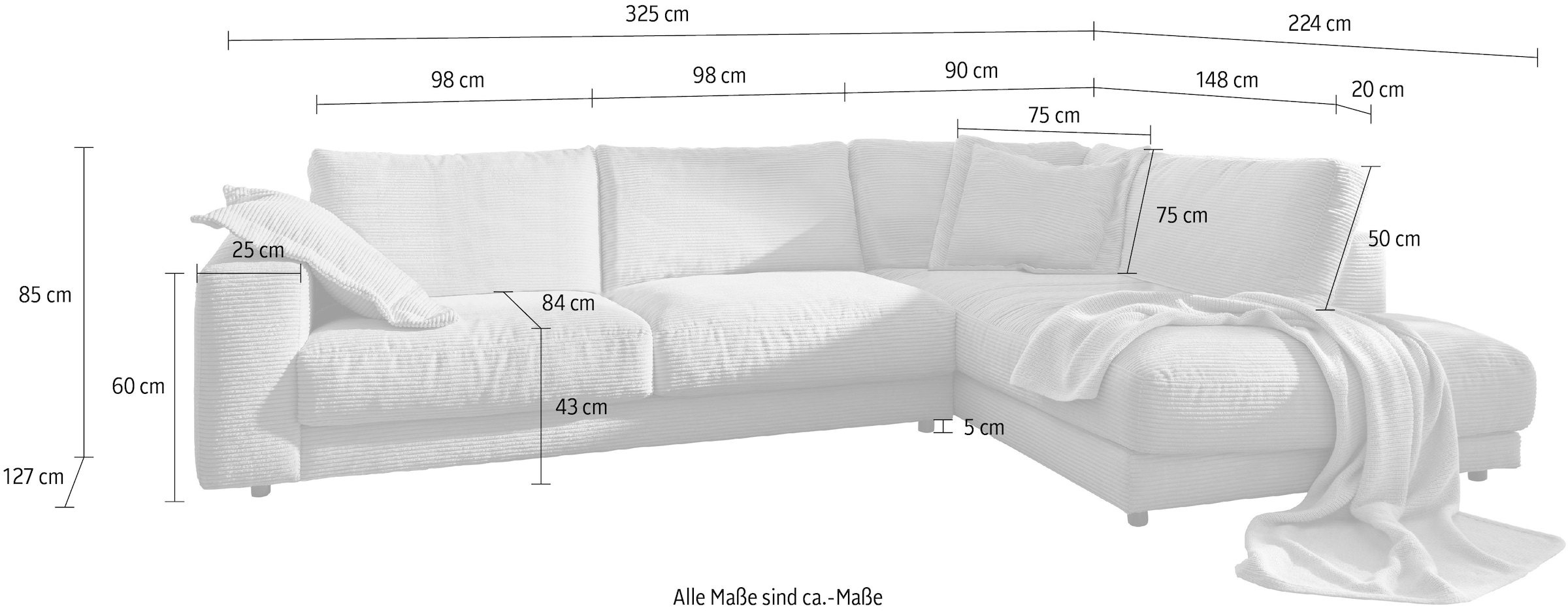 Places of Style Ecksofa »Enisa XXL B/T/H: 325/224/85 cm L-Form«, Kuschelig, gemütlich, in 5 Farben, Bezug in Cord, mit 2 Zierkissen