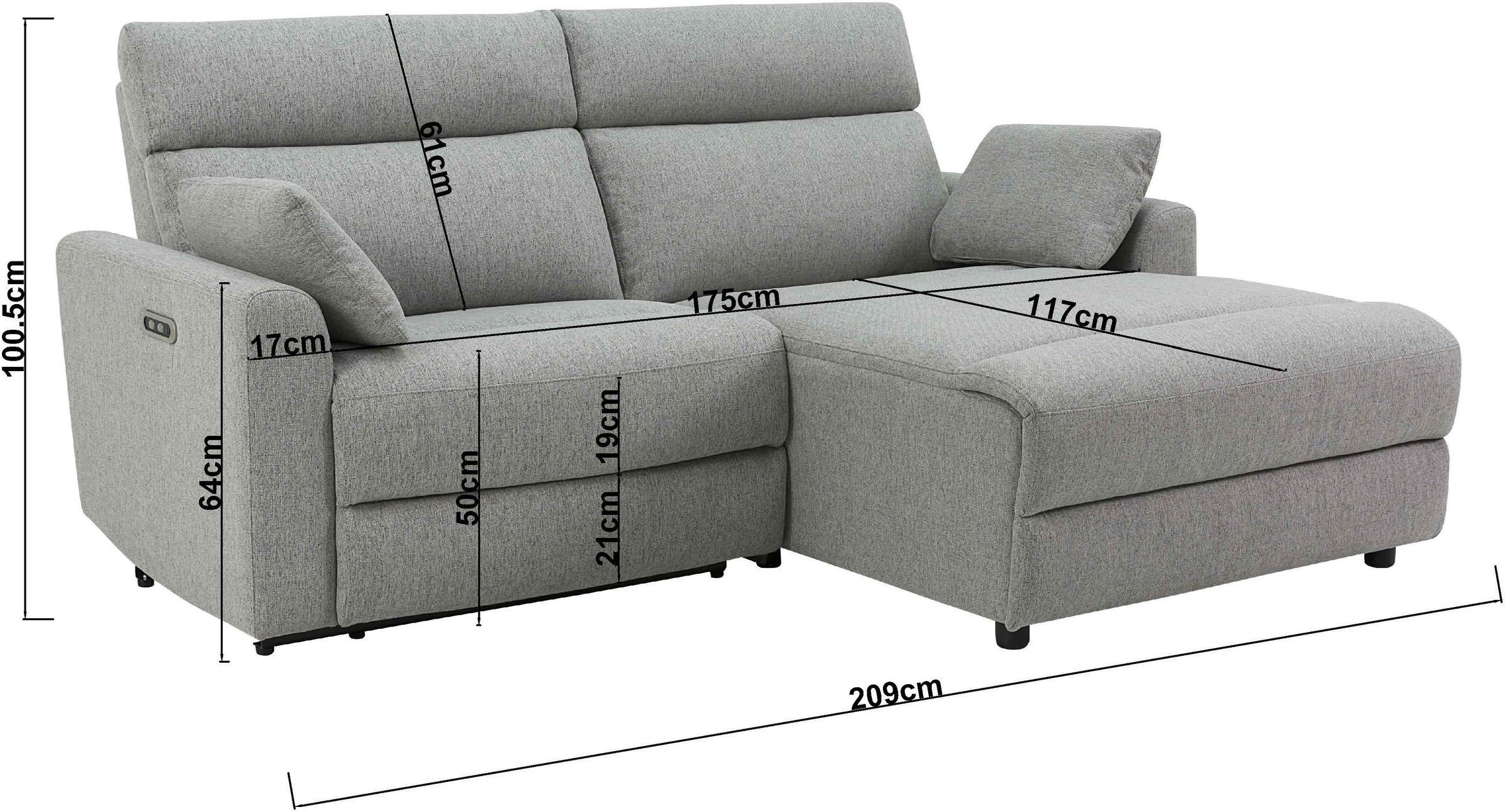INOSIGN Ecksofa »JENNA, L-Form, 209cm, manuelle u. elektrische Funktion, mit USB A/C,«, Liegefunktion 105°-150°, Federkern, Struktur fein