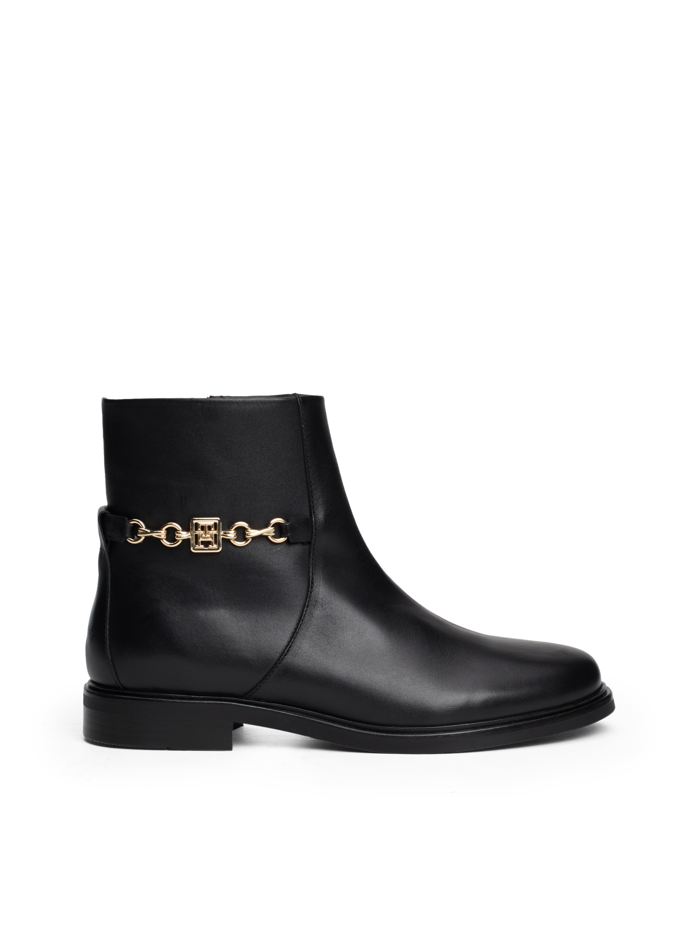 Tommy Hilfiger Stiefelette »TH CHAIN LEATHER LOW BOOTIE«, Blockabsatz, Businesschuh, Ankleboots mit goldfarbener Zierkette