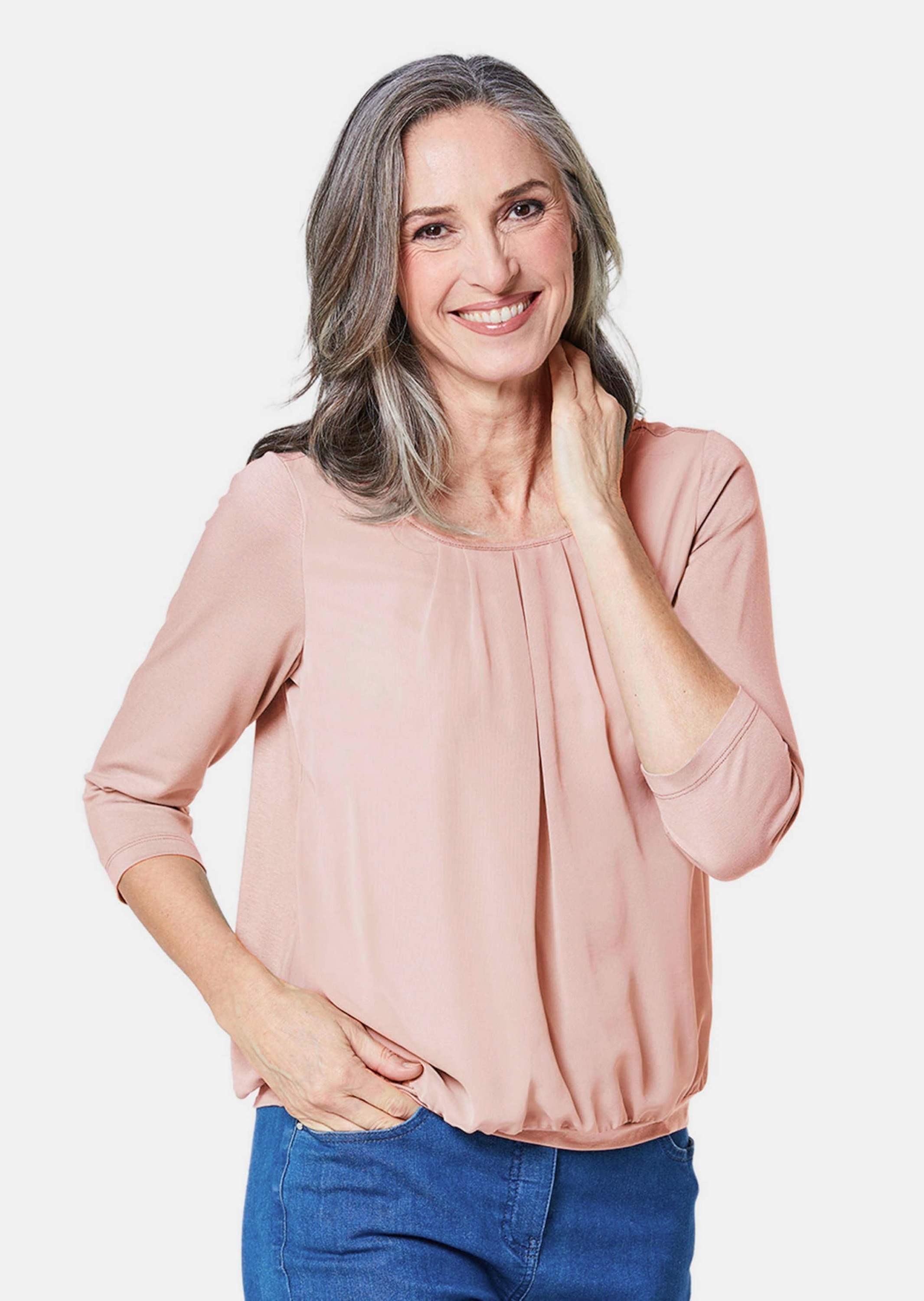 GOLDNER Kurzarmbluse »Kurzgröße Chiffon-Shirt mit 3/4-Arm, Rundhals«