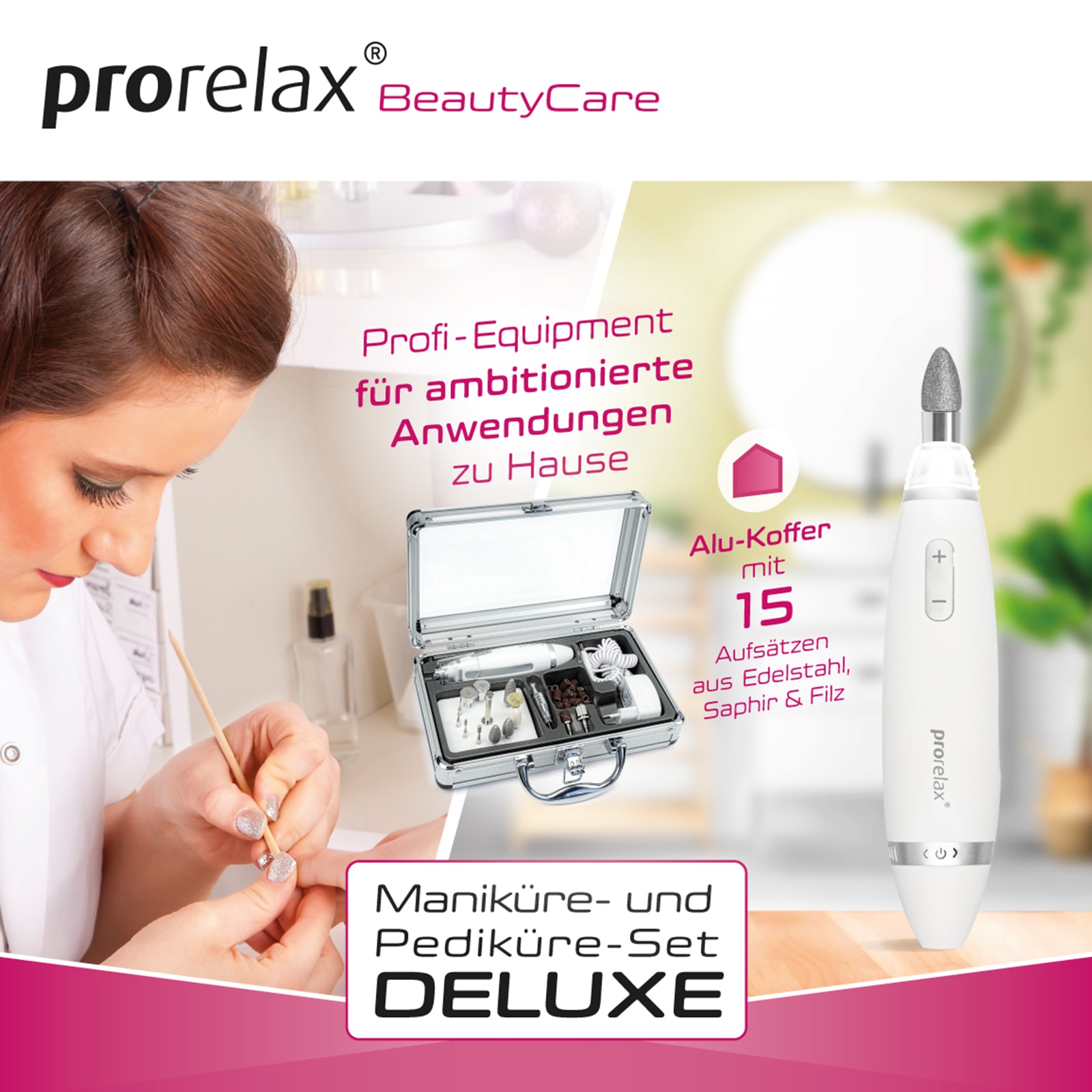 prorelax Maniküre-Pediküre-Set »52248 Deluxe«, 15 Aufsätze, Mit Alukoffer