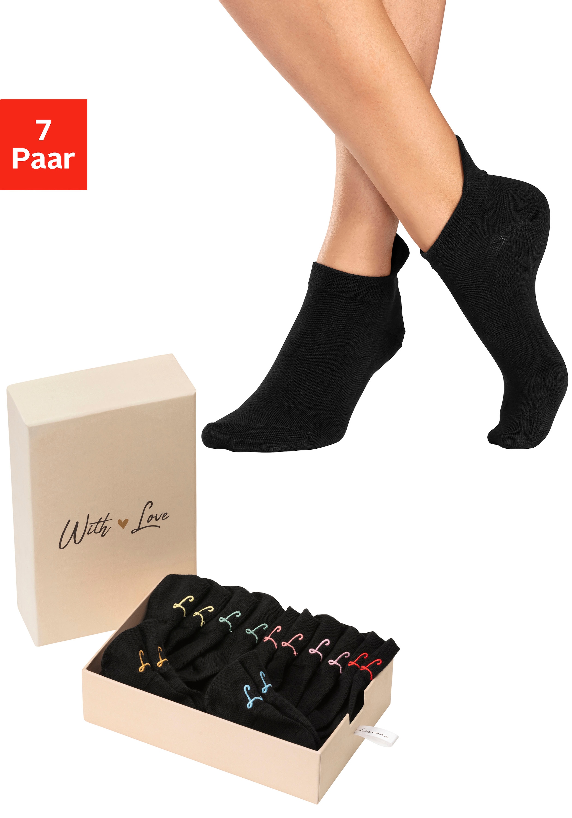 LASCANA Sneakersocken, (Set, 7 Paar, Box), mit kleiner Stickerei bei ♕