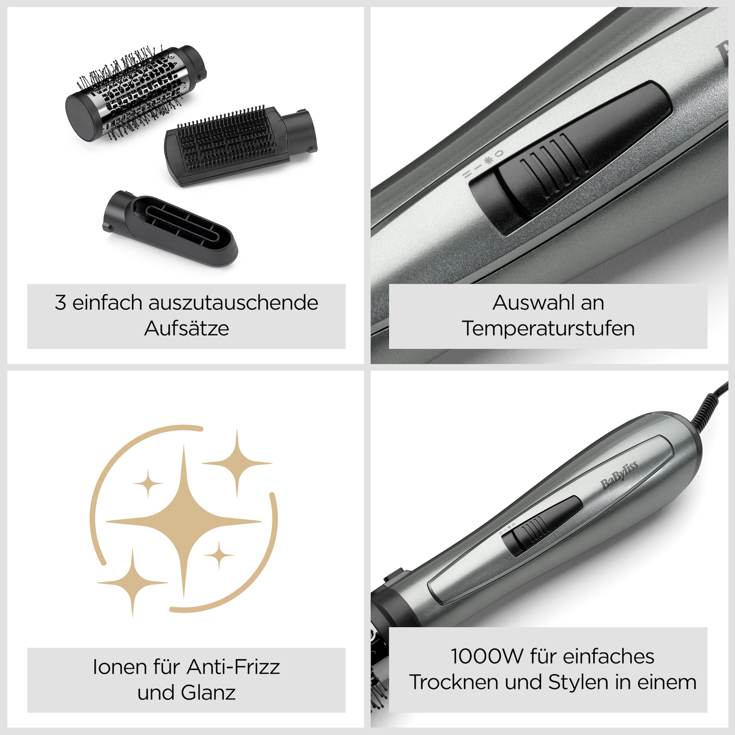 BaByliss Warmluftbürste »Xanadu Warmluftbürste mit 3 Aufsätzen, 1000W, AS261E« 3 Aufsätze Rundbürstenföhn, 3-in-1  Föhnen, Glätten, Volumen, Ionen-Technologie