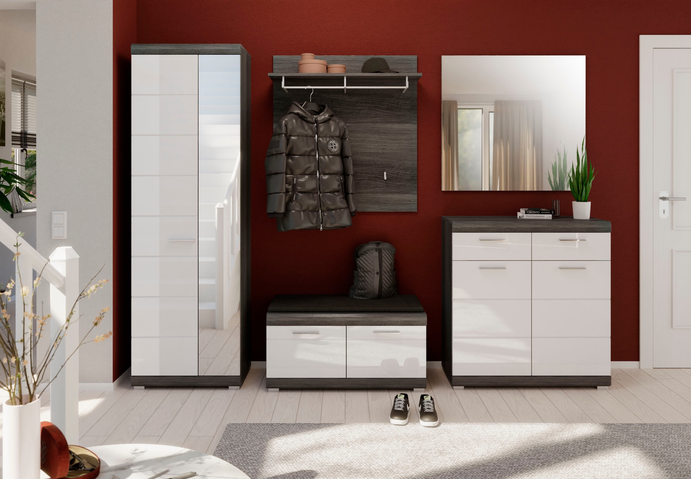 INOSIGN Garderoben-Set »Siena, Fronten mit hochwertiger Rillenfräsung, 5-teilig,bestehend aus:«, (3 St.), Garderobenschrank, Sitzbank, Garderobenpaneel, Schuhschrank, Spiegel