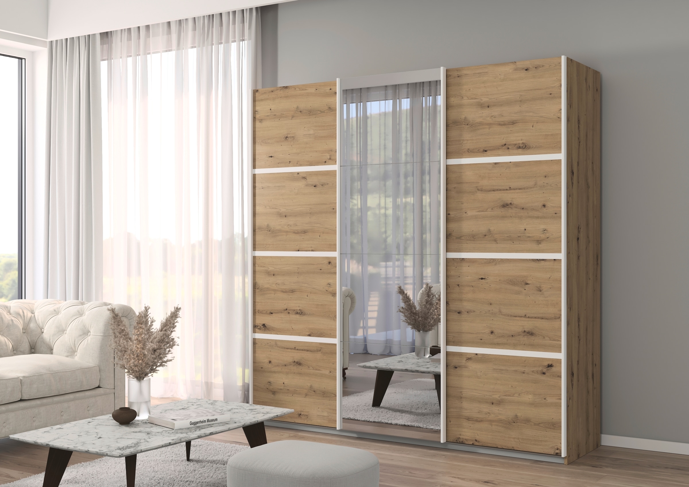 rauch Kleiderschrank »Schwebetürenschrank Garderobe Schrank TOP ANGEBOT Avola«, (in 3 verschiedenen Ausstattungen BASIC/CLASSIC/PREMIUM inkl. Spiegel), mit eleganten Zierleisten in Chrom, Schwarz oder Weiß MADE IN GERMANY