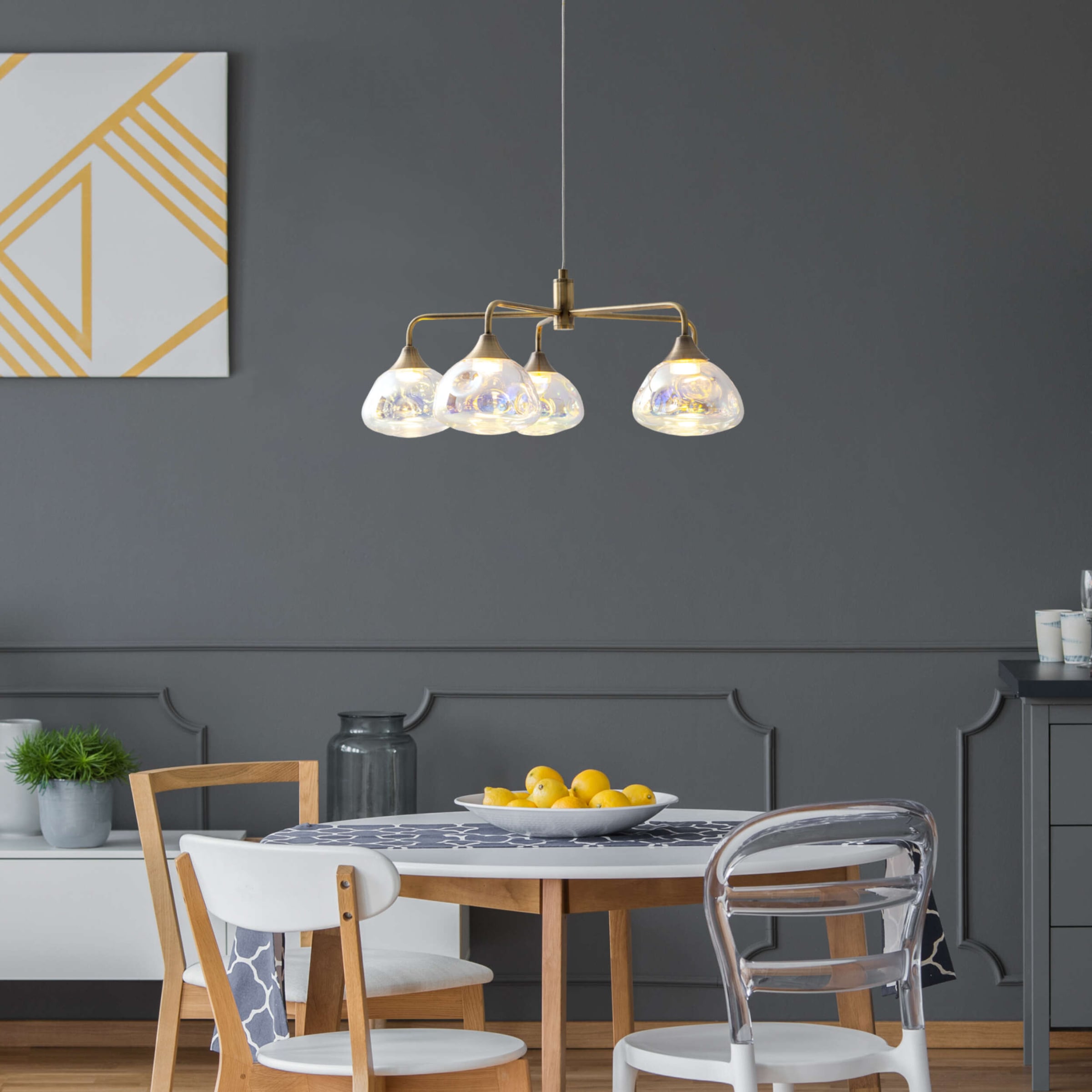 näve LED Pendelleuchte »Varna« LED-Modul 1 Stk. Warmweiß 5 flg., irisierende Gläser, Gestell messingfarben, warmweißes Licht