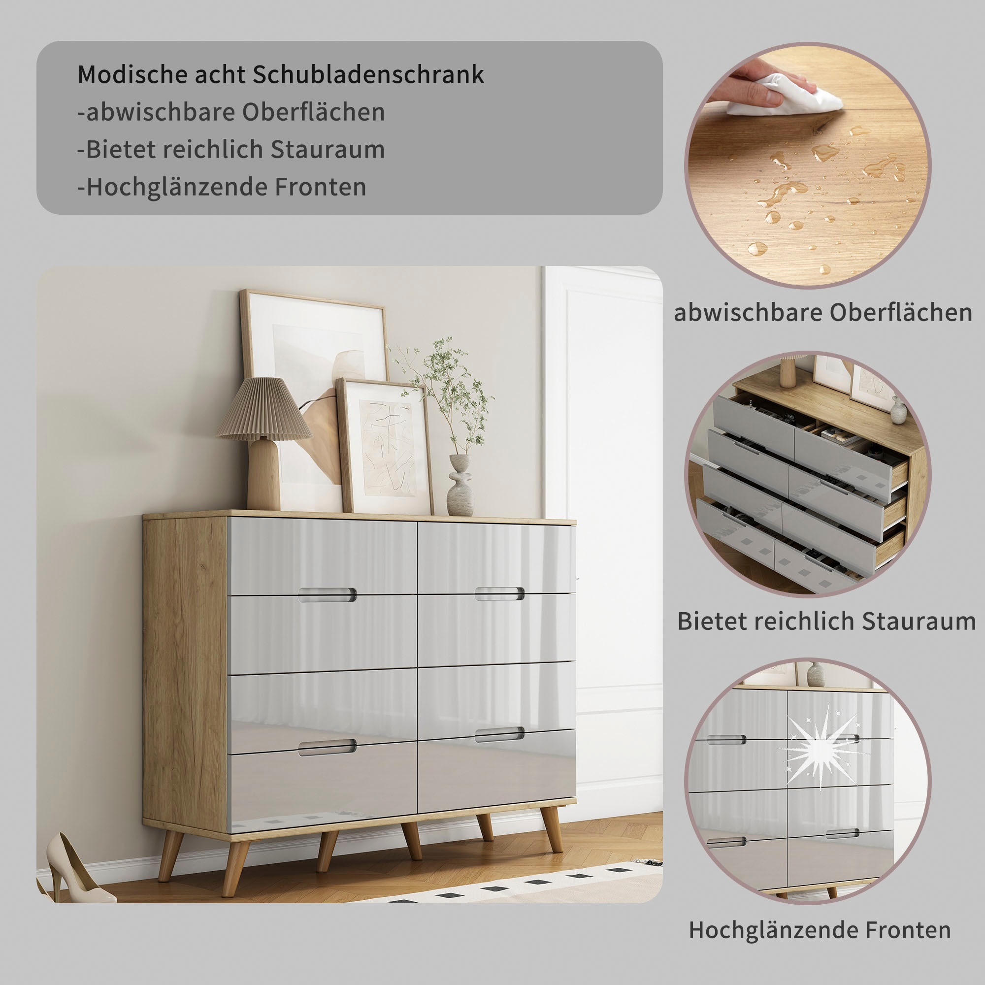 OTTO home Kommode »Lund« mit glänzenden Fronten, Griffmulden, helles Holzdekor, Breite 120 cm