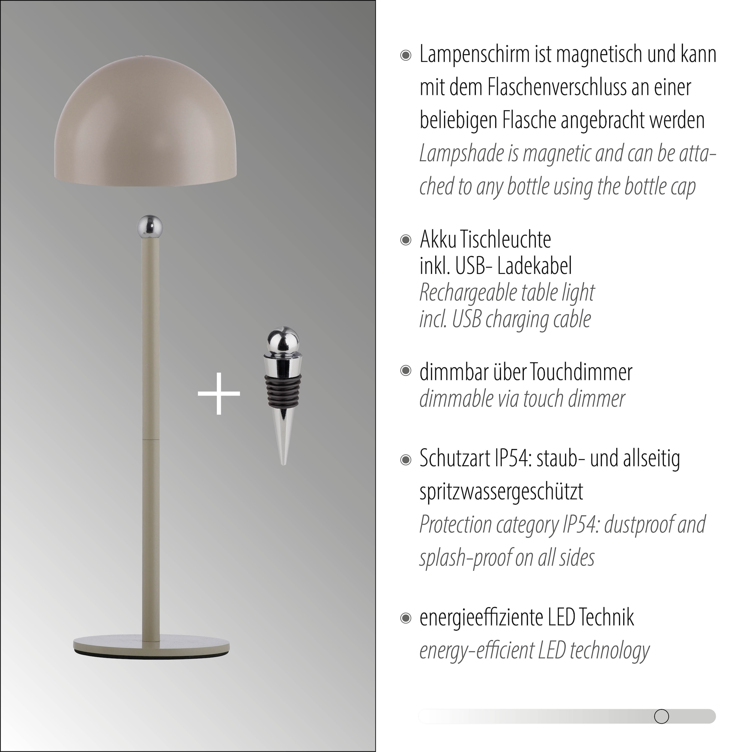 OTTO home Tischleuchte »Akku Tischlampe Garrin Indoor Outdoor, magnetischer Flaschenaufsatz« LED-Board Warmweiß Pilzlampe Flaschenaufsatz, Regulierung der Lichtstärke, Pilz, Lampe