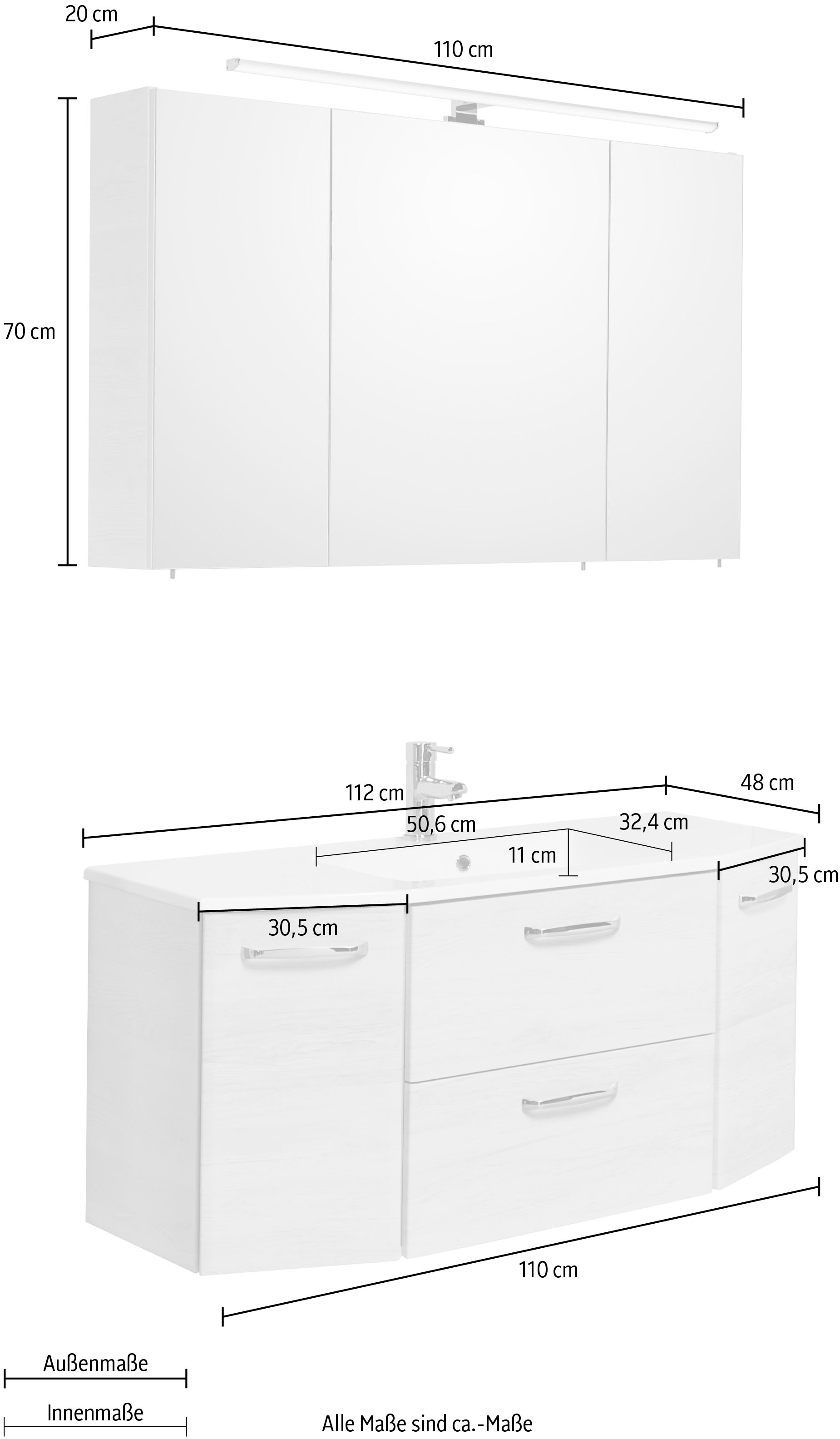 Saphir Badmöbel-Set »Quickset 2-teilig, Mineralmarmor-Waschtisch mit LED-Spiegelschrank«, (Set, 2 St.), Unterschrank mit Waschbecken, inkl. Türdämpfer, Griffe Chrom Glanz