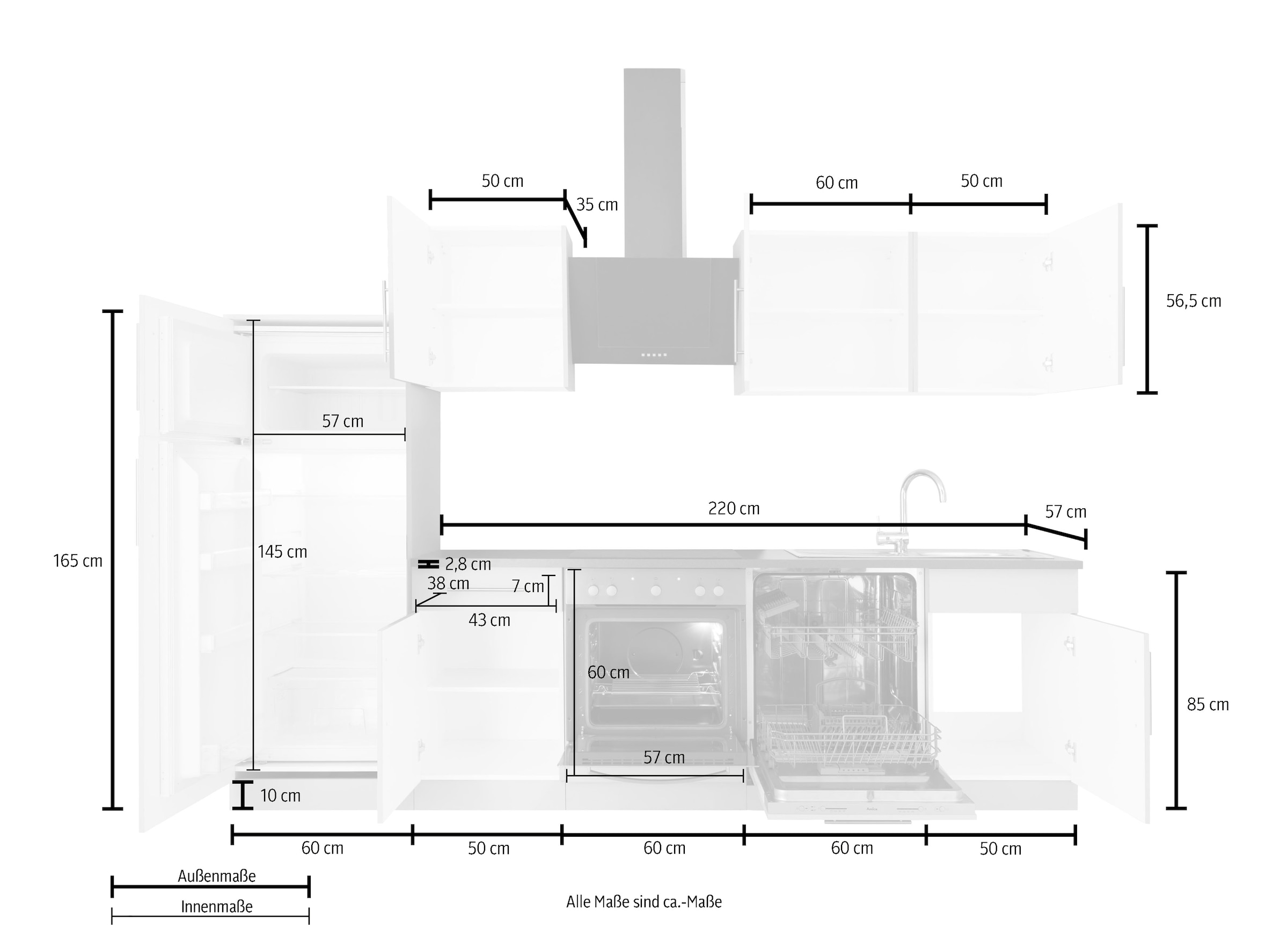 wiho Küchen Küchenzeile »Cali« mit E-Geräten, Breite 280 cm
