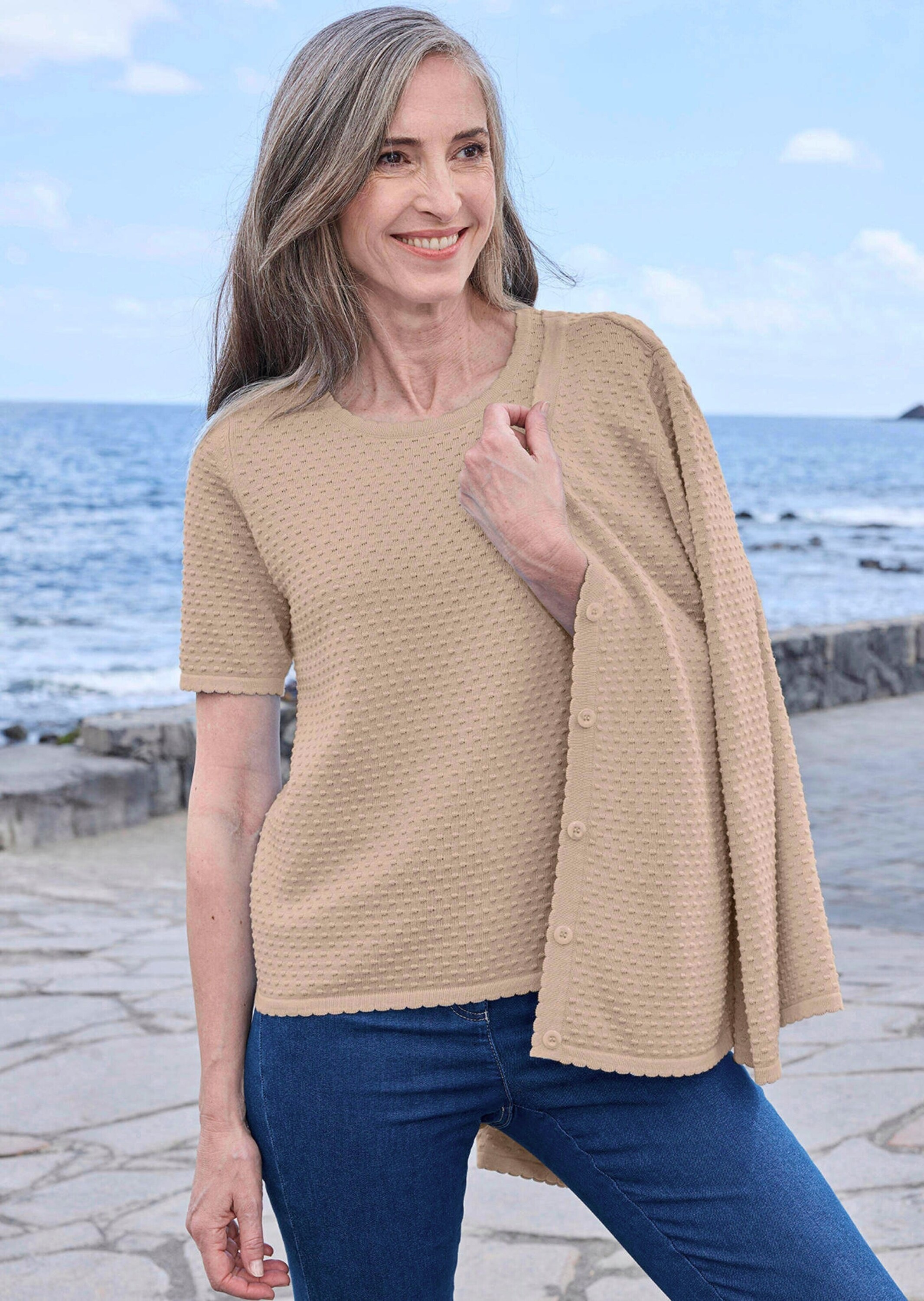 GOLDNER Rundhalspullover »Halbarm Strickshirt mit Rundhals« Rundhalsausschnitt