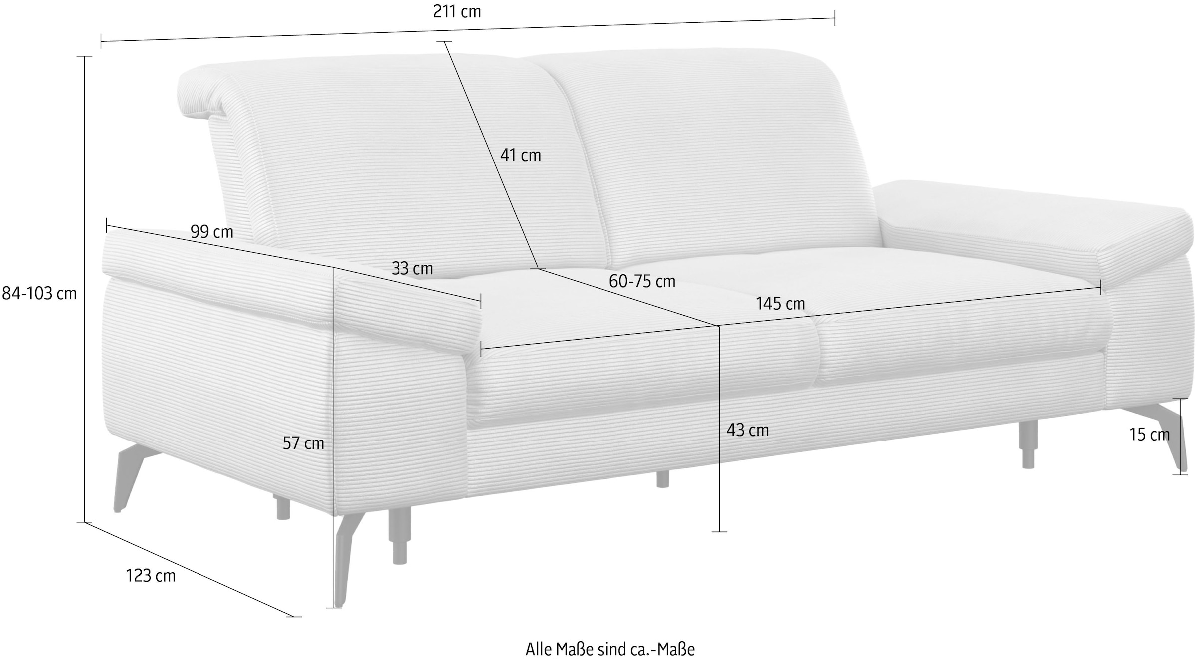 sit&more 2,5-Sitzer »Cabana«, Breite 211 cm, mit oder ohne Sitztiefen-, und Kopfteilfunktion
