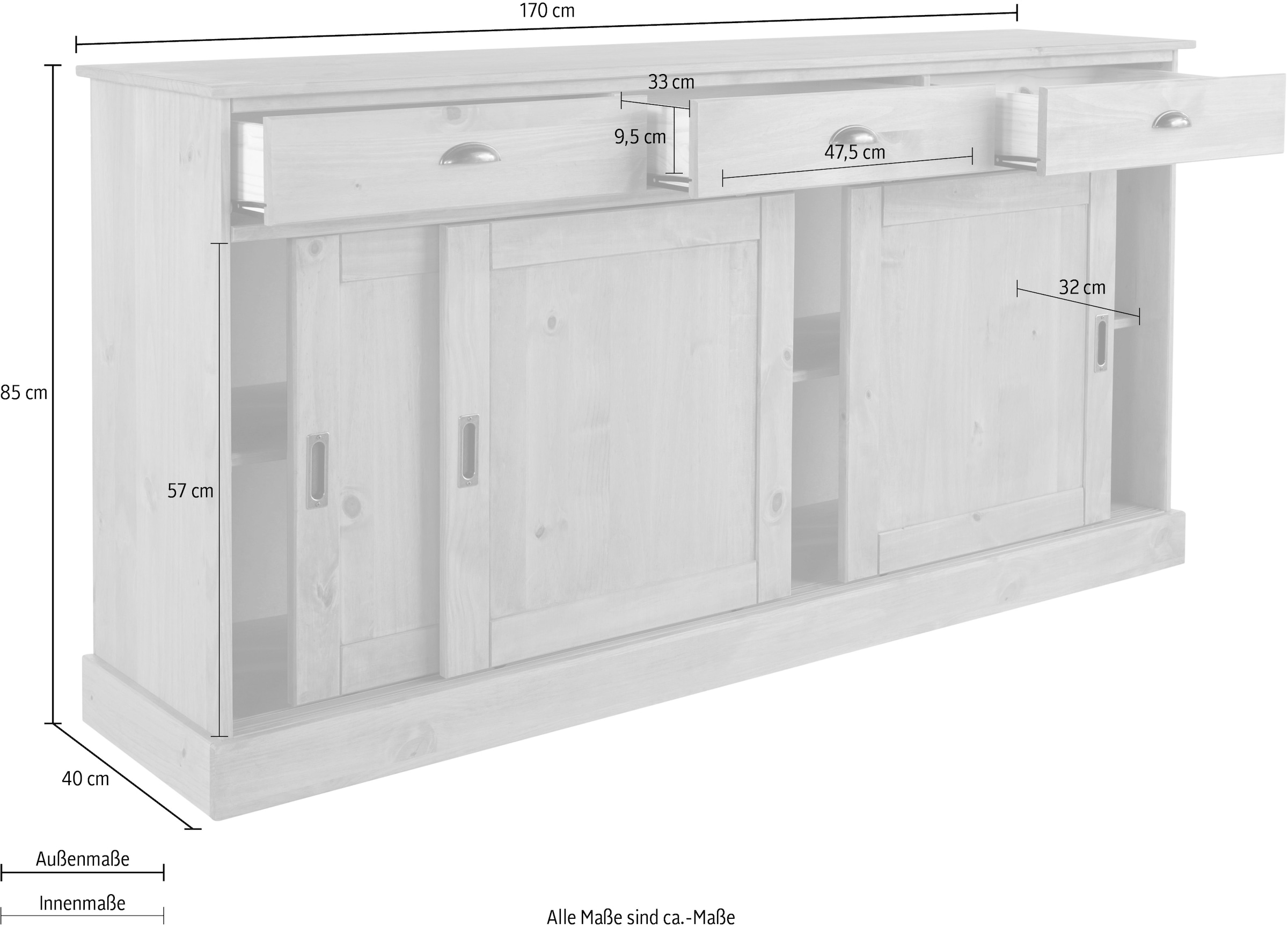 Home affaire Sideboard »Schröder«, Kommode, 3 Schiebetüren, 3 Schubkasten, aus massivem Kiefernholz