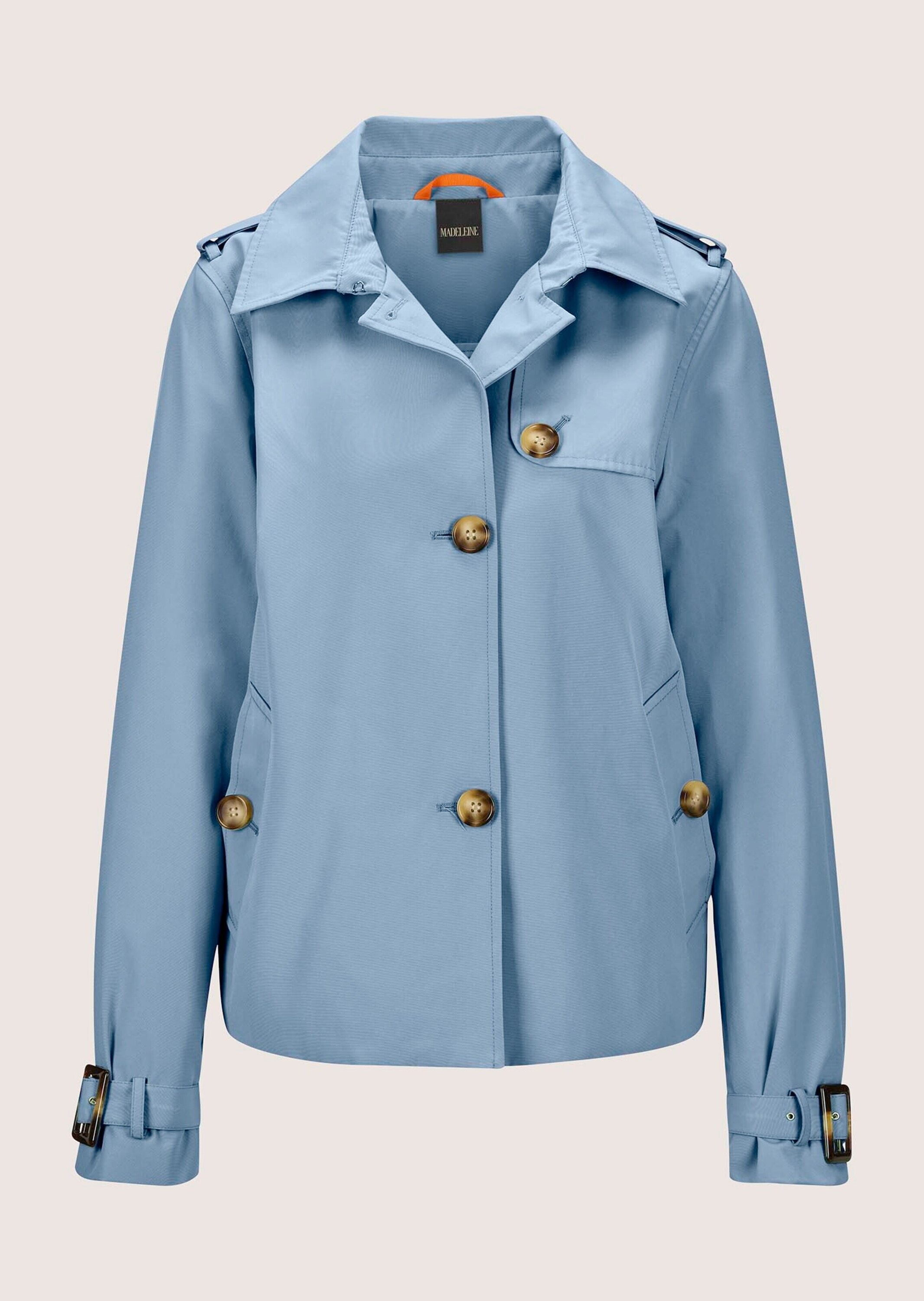 MADELEINE, Damen, Trenchcoat »Kurzjacke Verkürzte Trenchjacke mit Taschen«, rauchblau, 40, rauchblau, Länge ca. 60 cm, oberhalb Hüfte endend