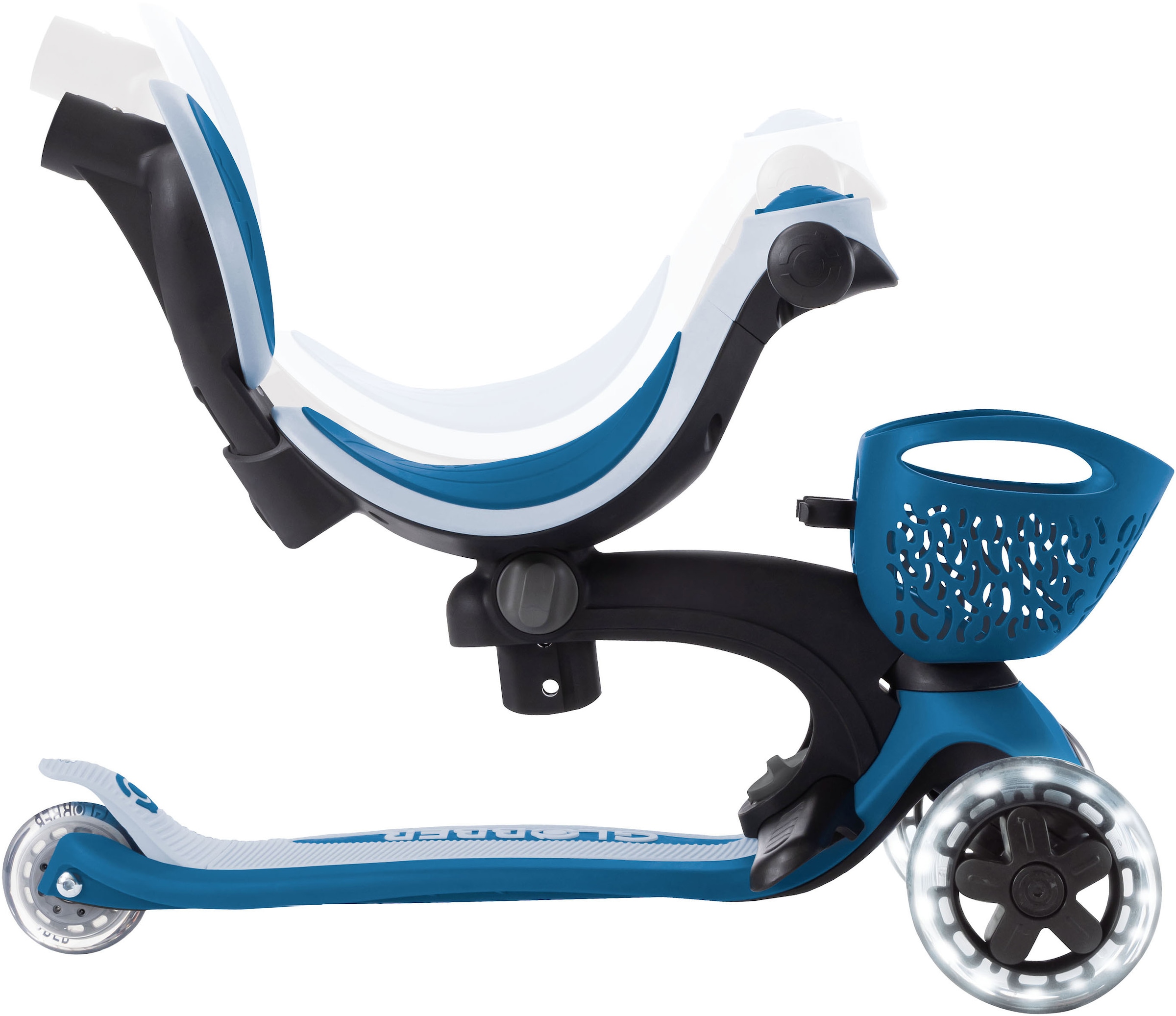 Globber »GO-UP BABY 360 LIGHTS, mit Leuchtrollen und Leuchtmodul« Aufsitzrad, Laufrad und Scooter in Einem
