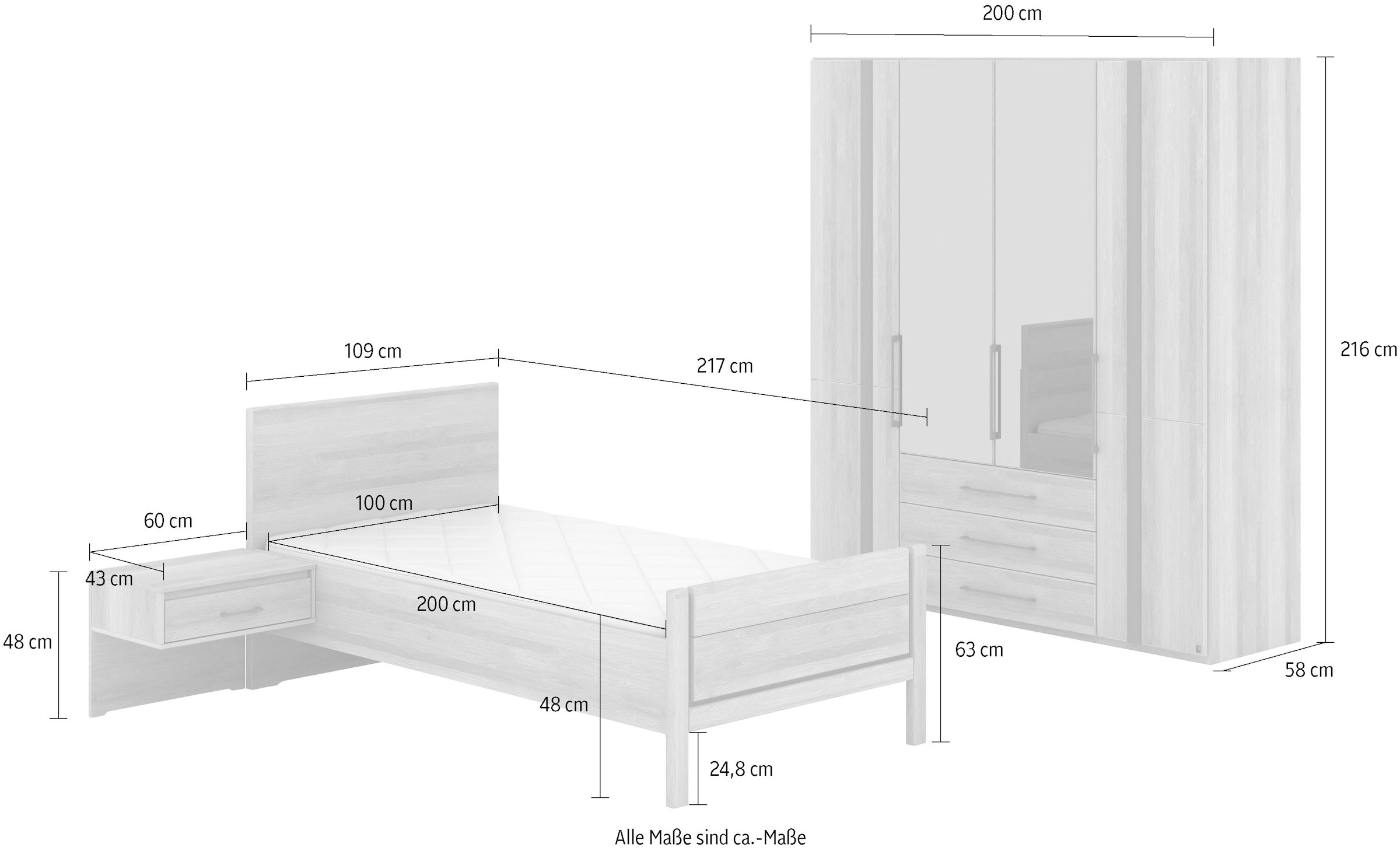 Musterring Schlafzimmer-Set »Sorrent, Kleiderschrank, Bett & Nachtkommoden, teilmassiv Eiche«, (2er-Set Nachtschränke, Drehtürenschrank 200 cm, Bett 100x200 cm), mit Dreh- und Falttüren, Schrankbreite 200cm, Bett mit Stollfuß